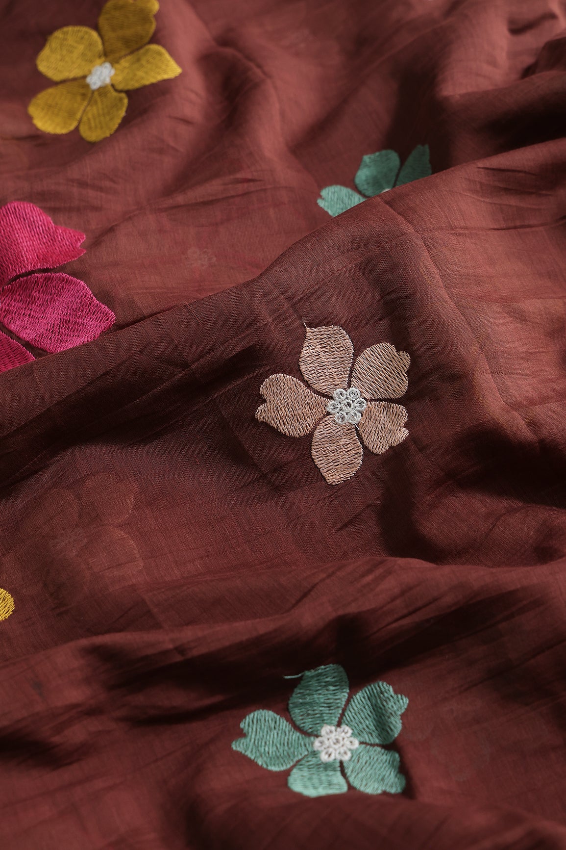 Multi Thread Flower Embroidery On Brown Pure Mul Chanderi Silk Fabric