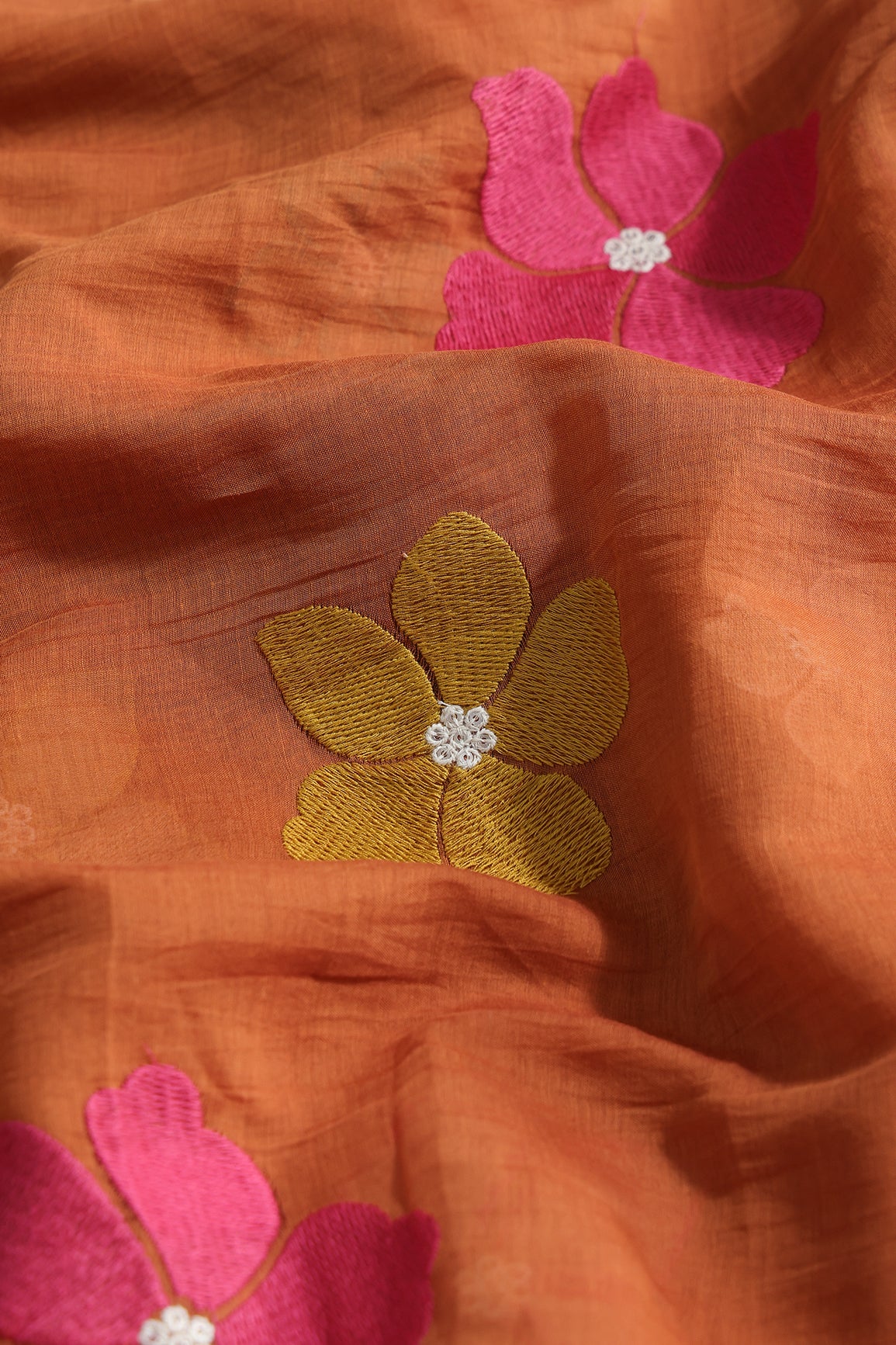 Multi Thread Flower Embroidery On Rust Pure Mul Chanderi Silk Fabric