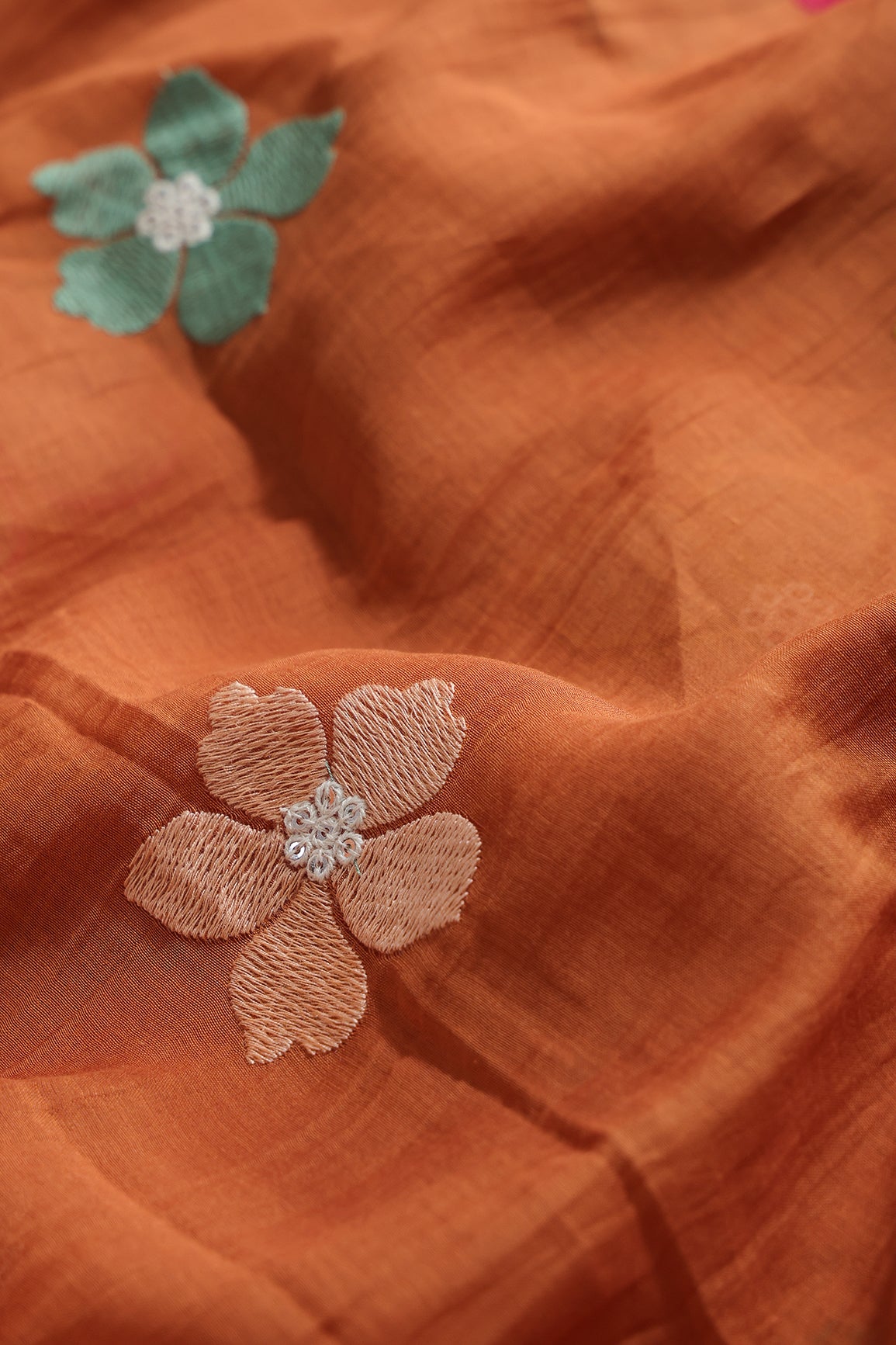 Multi Thread Flower Embroidery On Rust Pure Mul Chanderi Silk Fabric