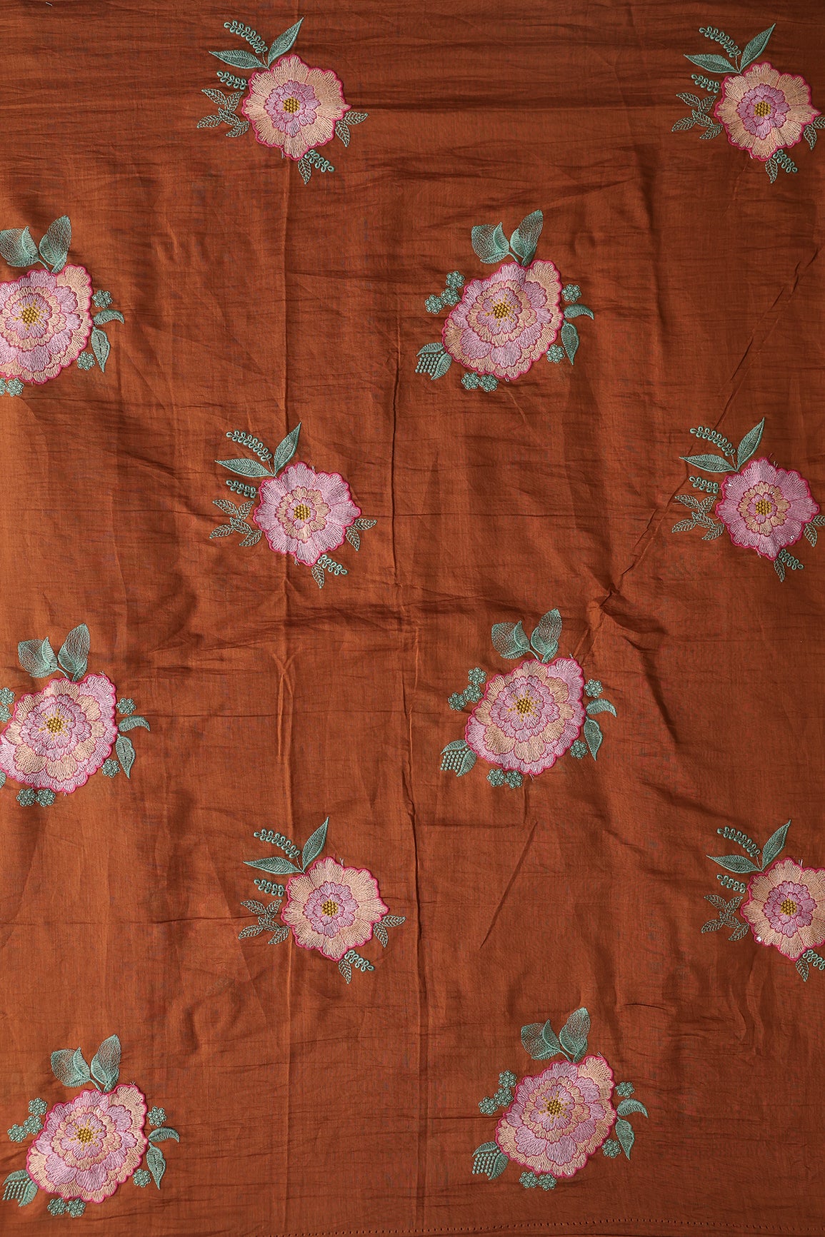 Multi Thread Big Flower Embroidery On Rust Pure Mul Chanderi Silk Fabric