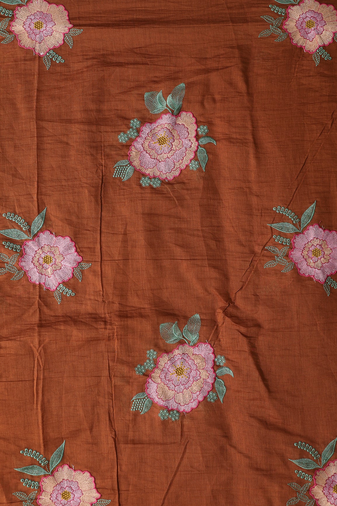 Multi Thread Big Flower Embroidery On Rust Pure Mul Chanderi Silk Fabric