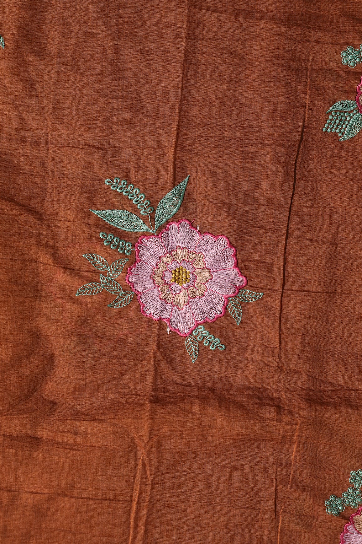 Multi Thread Big Flower Embroidery On Rust Pure Mul Chanderi Silk Fabric