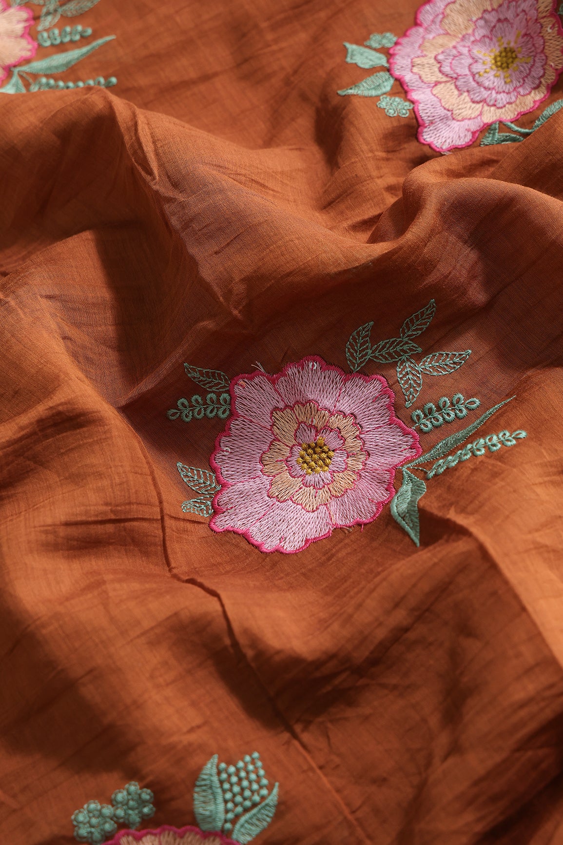 Multi Thread Big Flower Embroidery On Rust Pure Mul Chanderi Silk Fabric