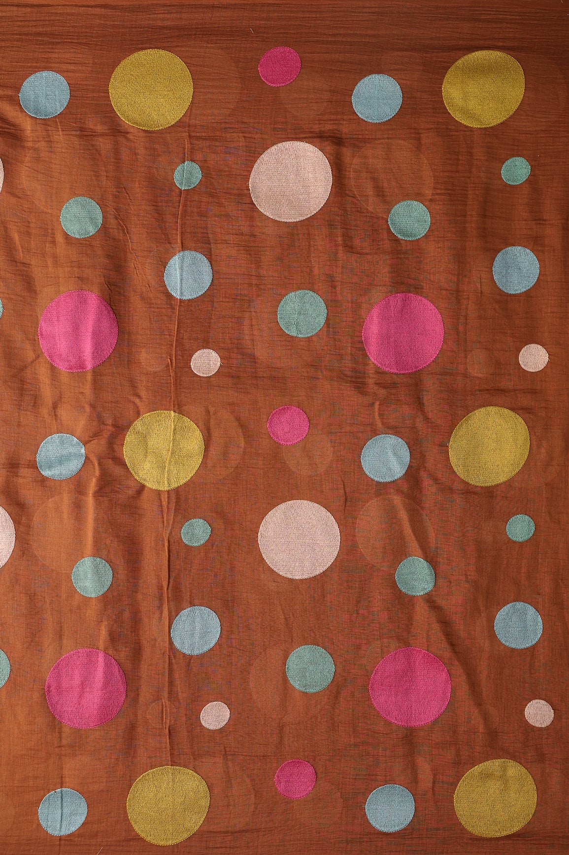 Multi Thread Circle Embroidery On Rust Pure Mul Chanderi Silk Fabric