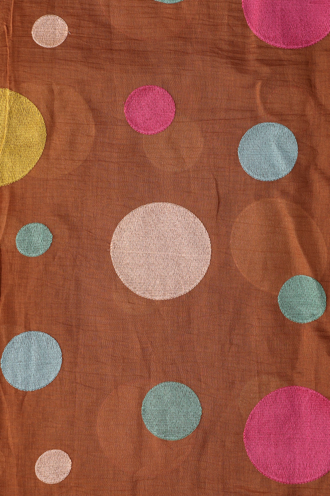 Multi Thread Circle Embroidery On Rust Pure Mul Chanderi Silk Fabric