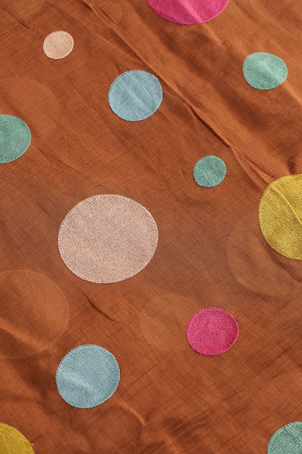 Multi Thread Circle Embroidery On Rust Pure Mul Chanderi Silk Fabric