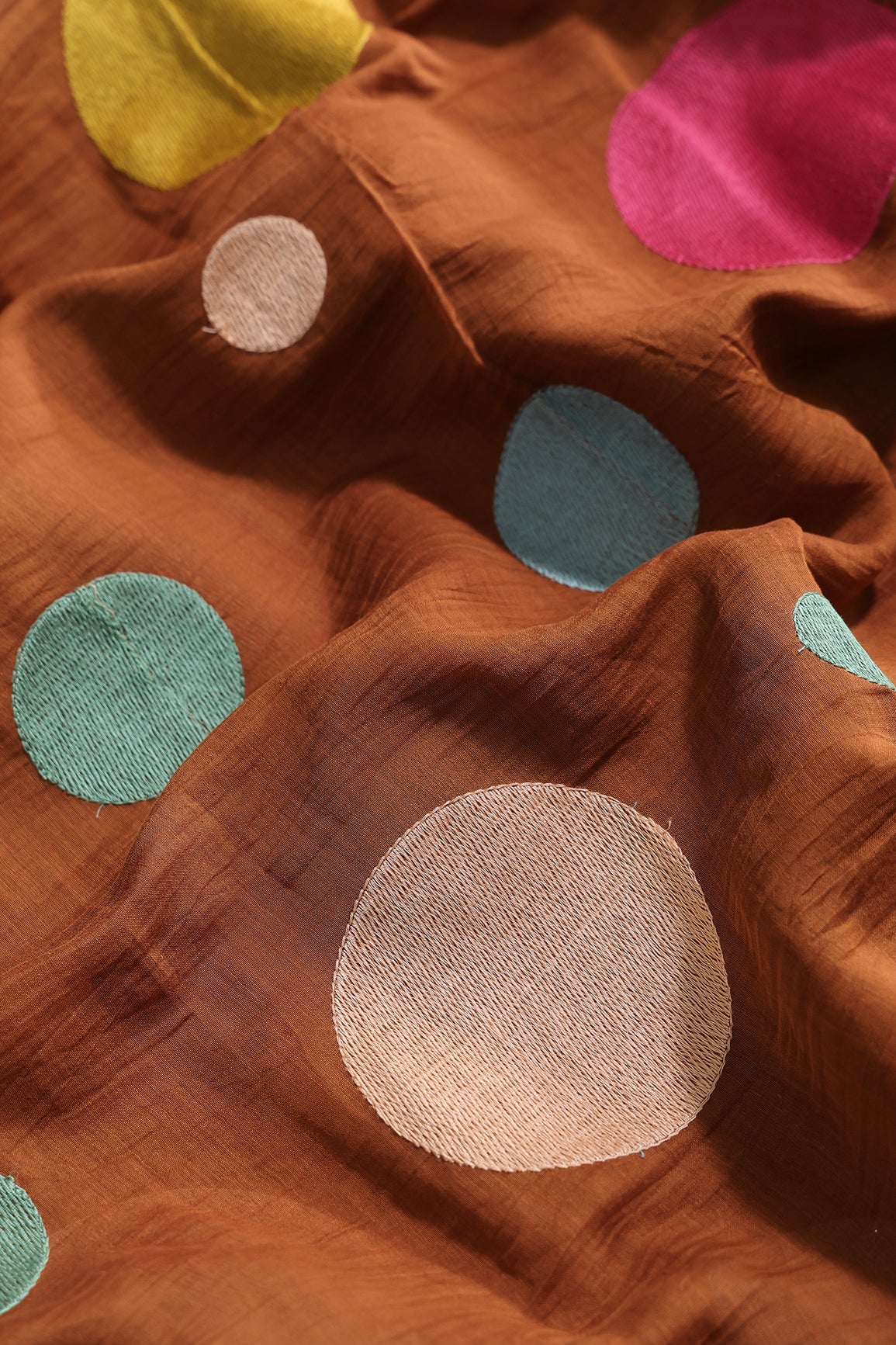 Multi Thread Circle Embroidery On Rust Pure Mul Chanderi Silk Fabric