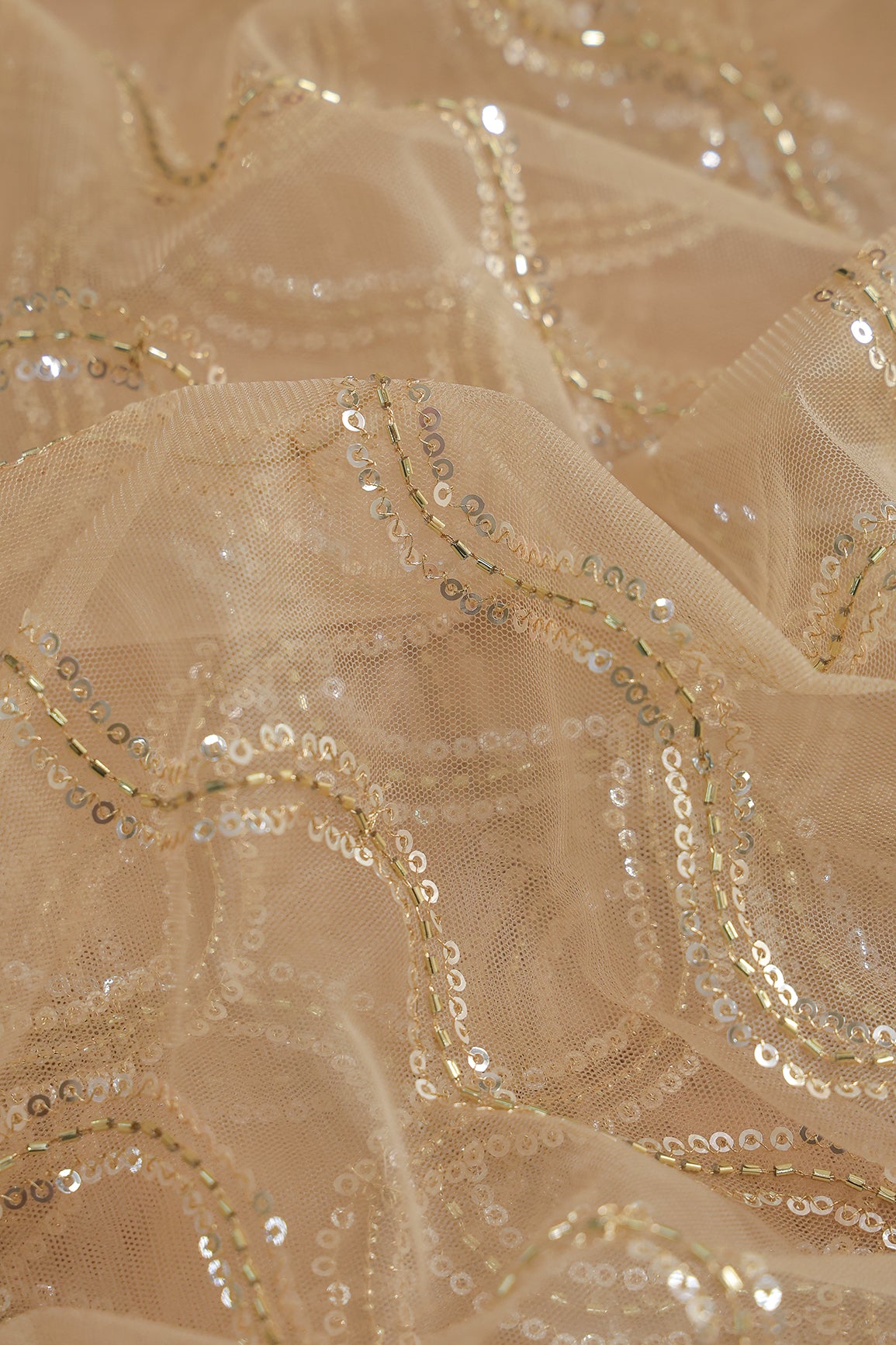 Leheriya Embroidery Work With Sequins And Beads On Beige Soft Net Fabric