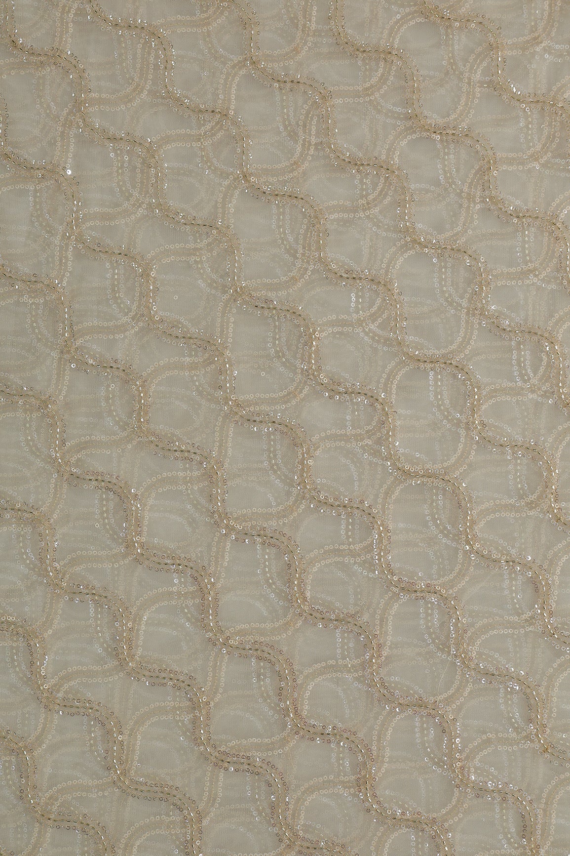 Leheriya Embroidery Work With Sequins And Beads On Cream Soft Net Fabric