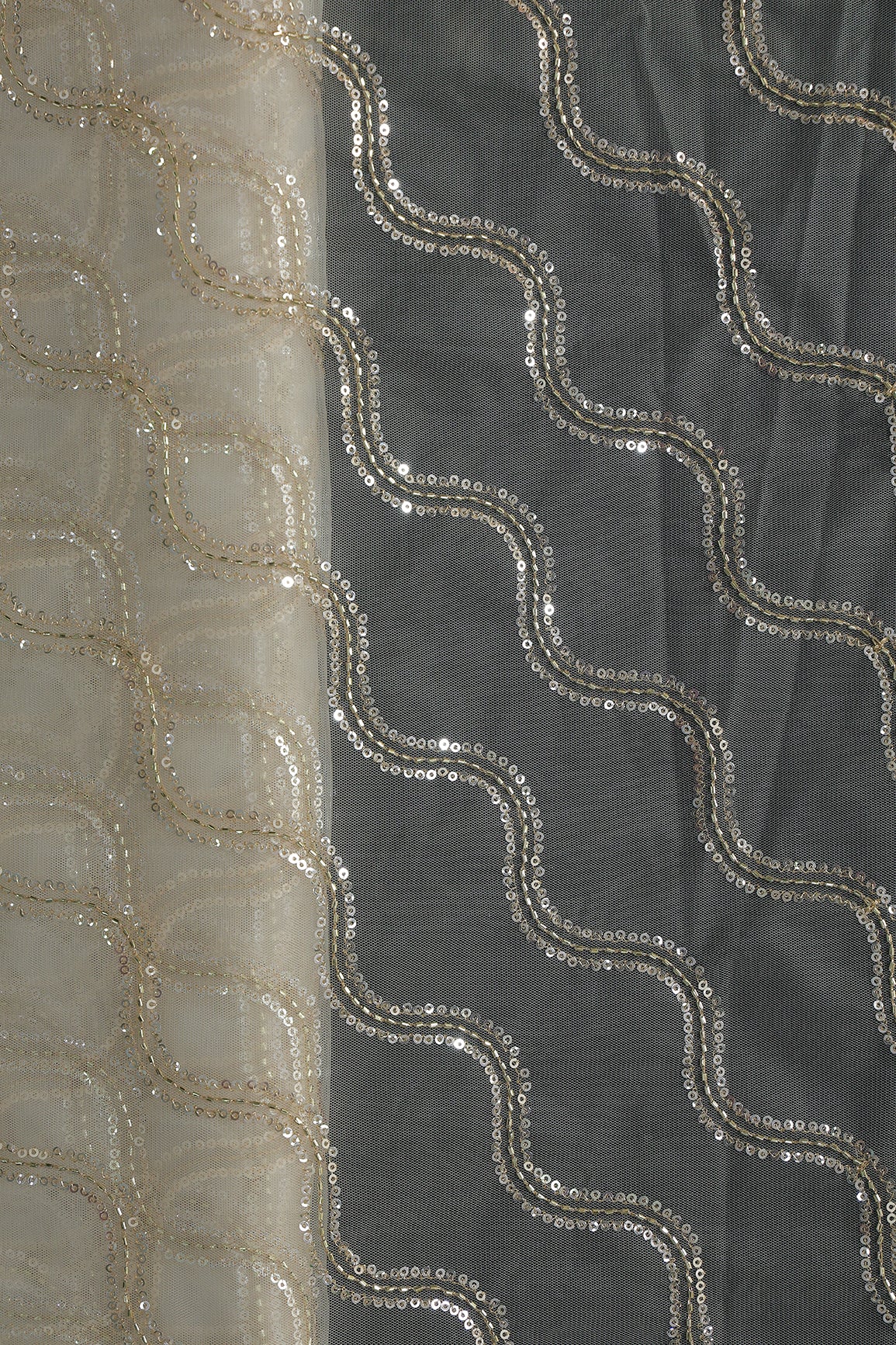 Leheriya Embroidery Work With Sequins And Beads On Cream Soft Net Fabric