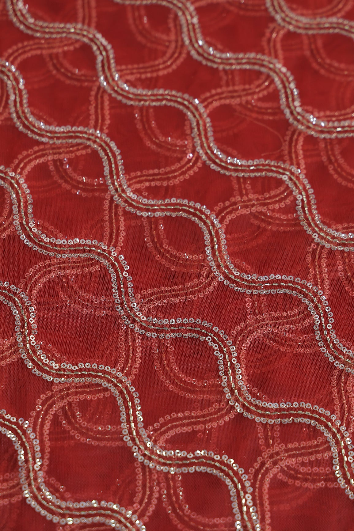 Leheriya Embroidery Work With Sequins And Beads On Red Soft Net Fabric