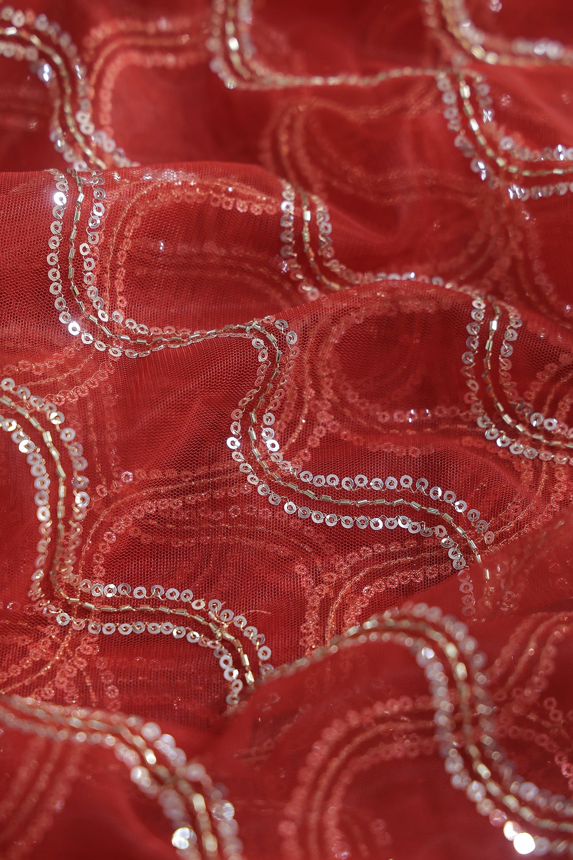 Leheriya Embroidery Work With Sequins And Beads On Red Soft Net Fabric