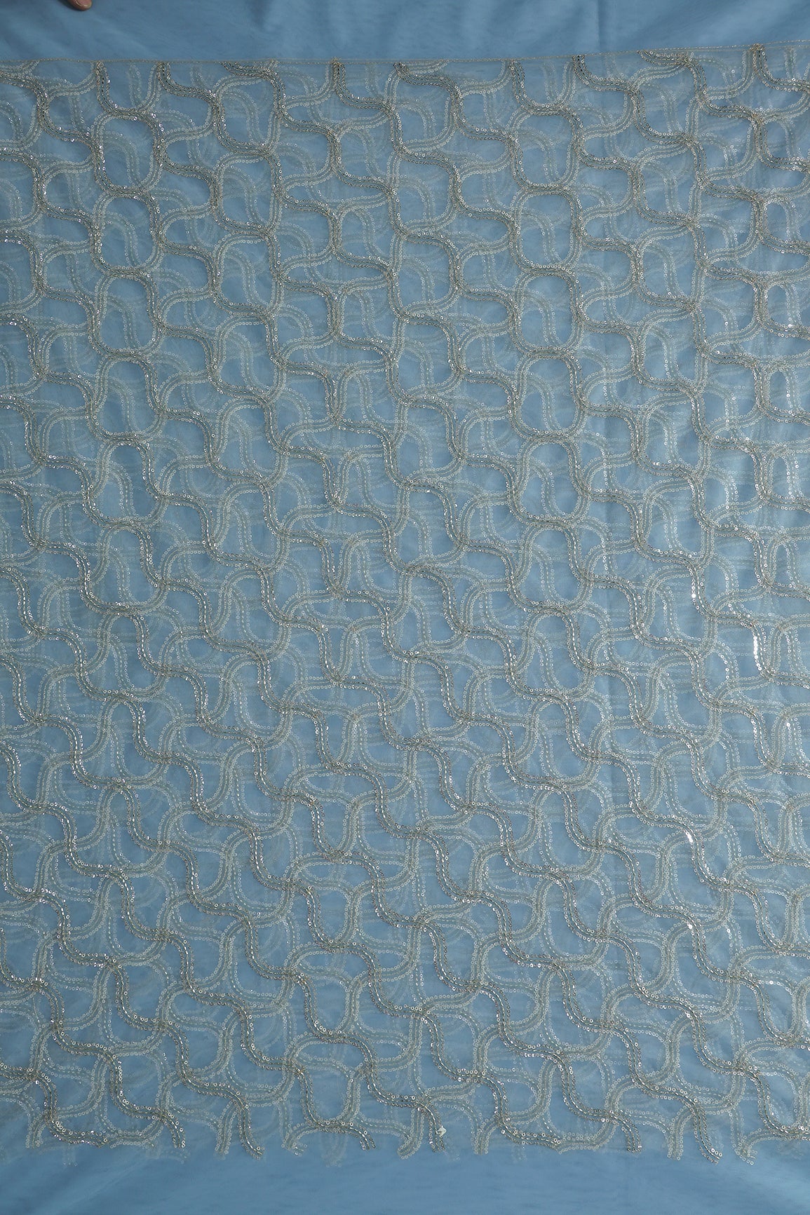 Leheriya Embroidery Work With Sequins And Beads On Sky Blue Soft Net Fabric