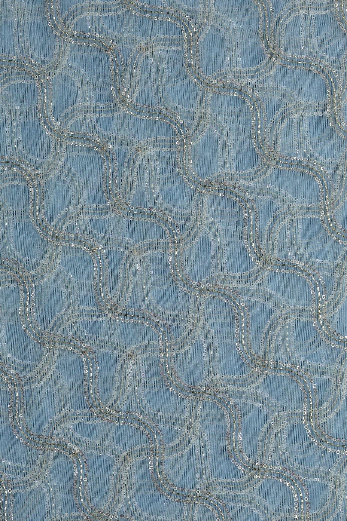 Leheriya Embroidery Work With Sequins And Beads On Sky Blue Soft Net Fabric
