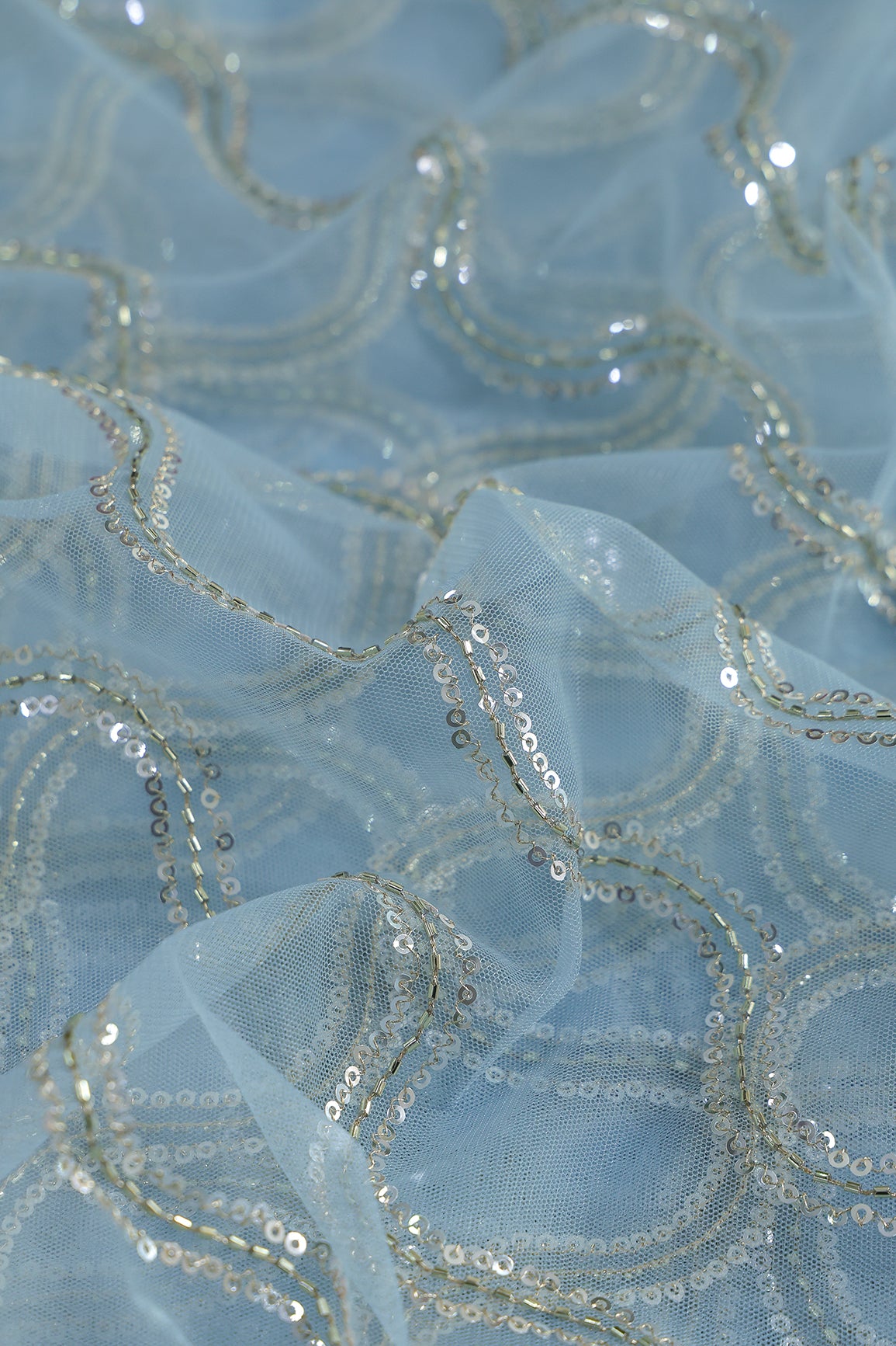 Leheriya Embroidery Work With Sequins And Beads On Sky Blue Soft Net Fabric