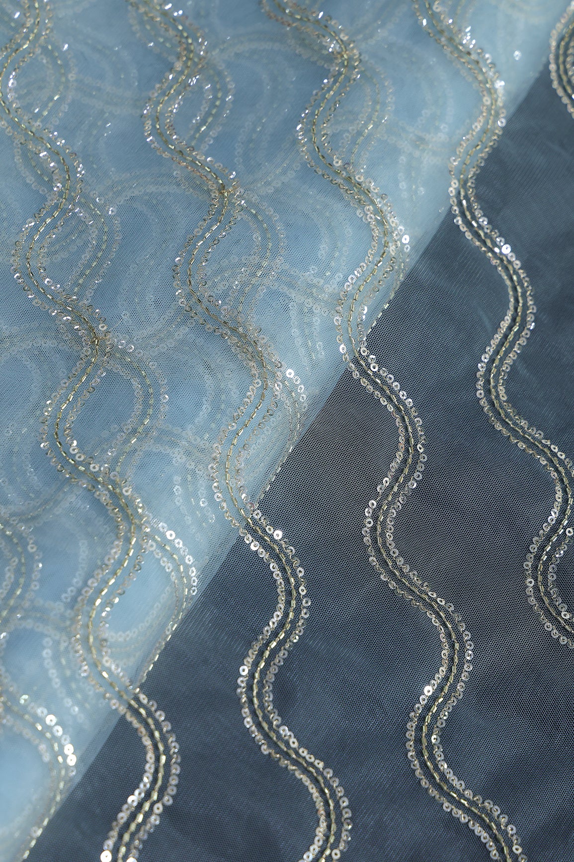 Leheriya Embroidery Work With Sequins And Beads On Sky Blue Soft Net Fabric