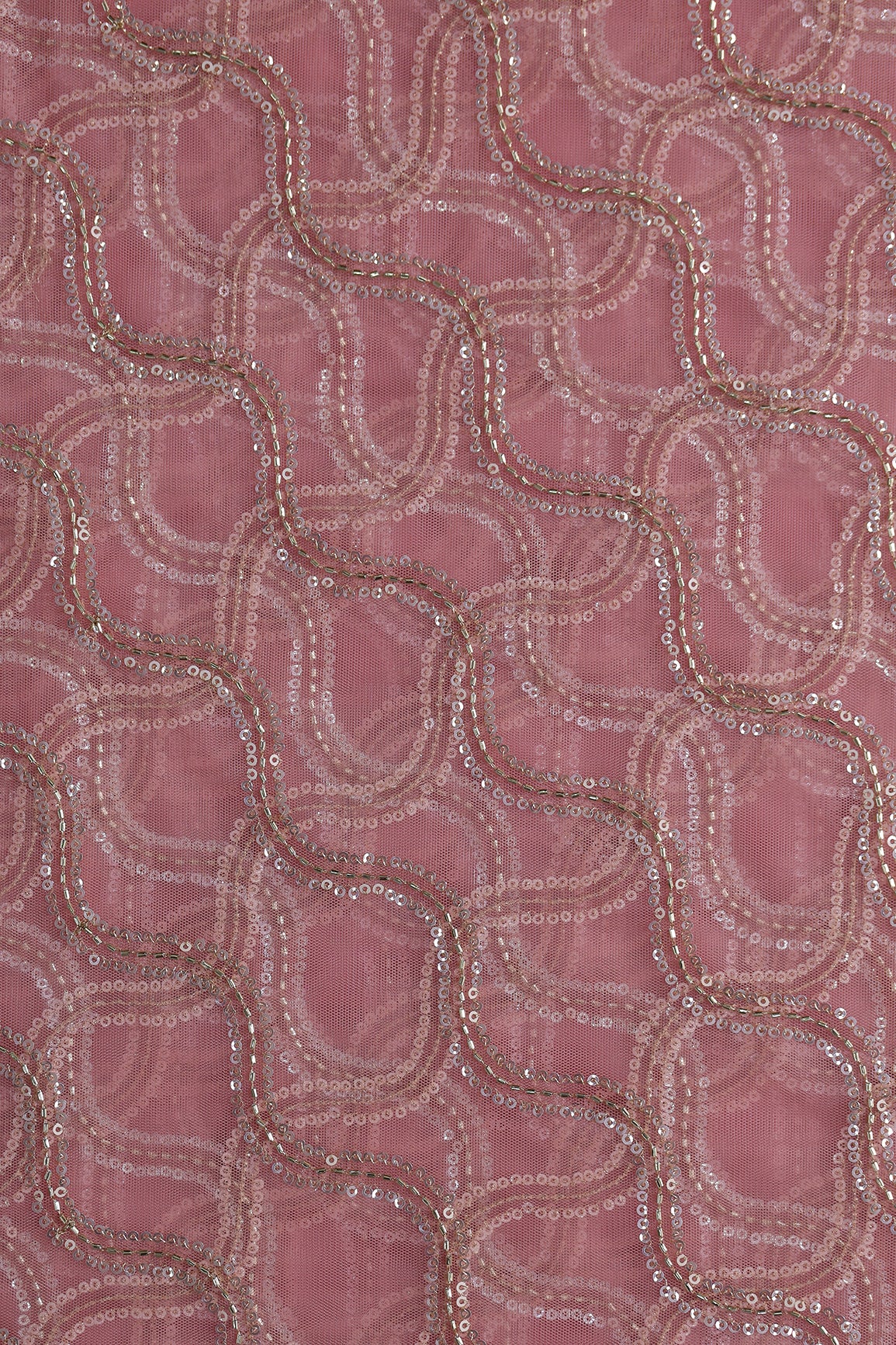 Leheriya Embroidery Work With Sequins And Beads On Baby Pink Soft Net Fabric