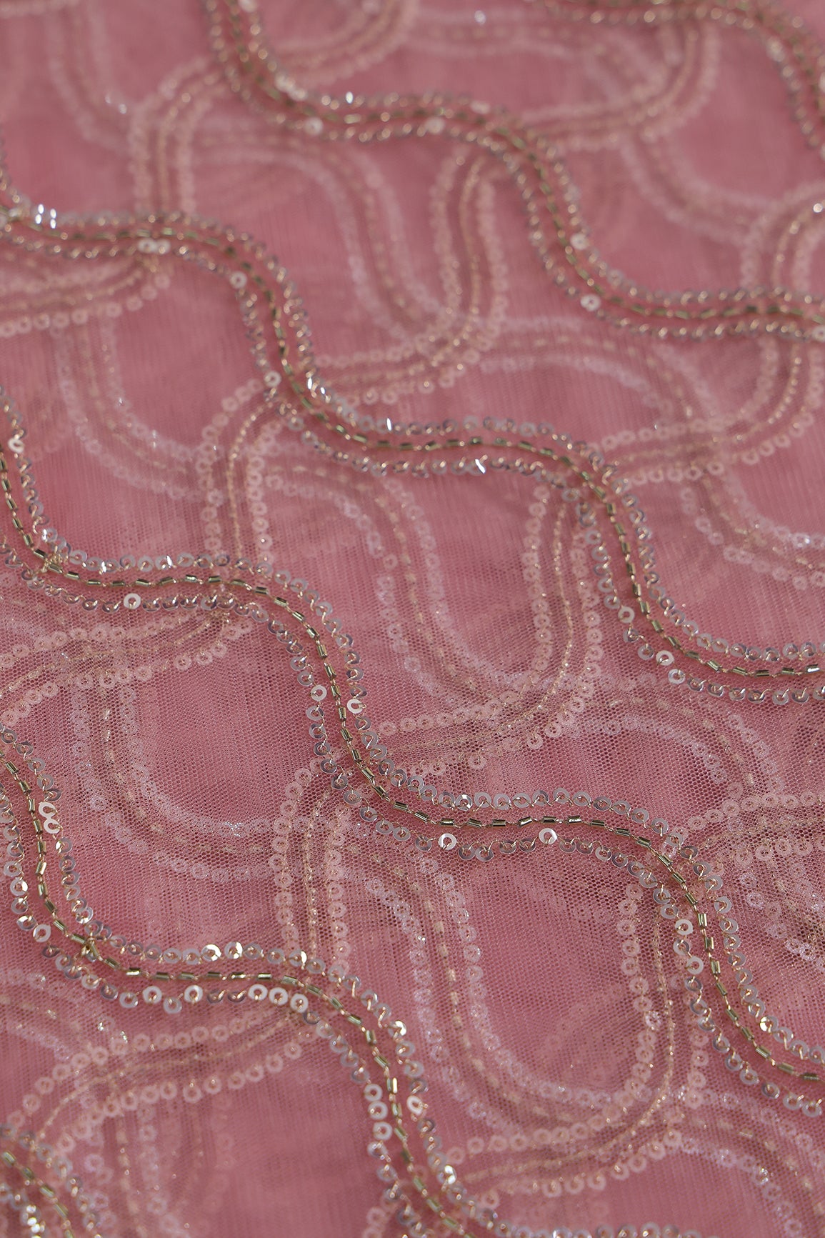 Leheriya Embroidery Work With Sequins And Beads On Baby Pink Soft Net Fabric