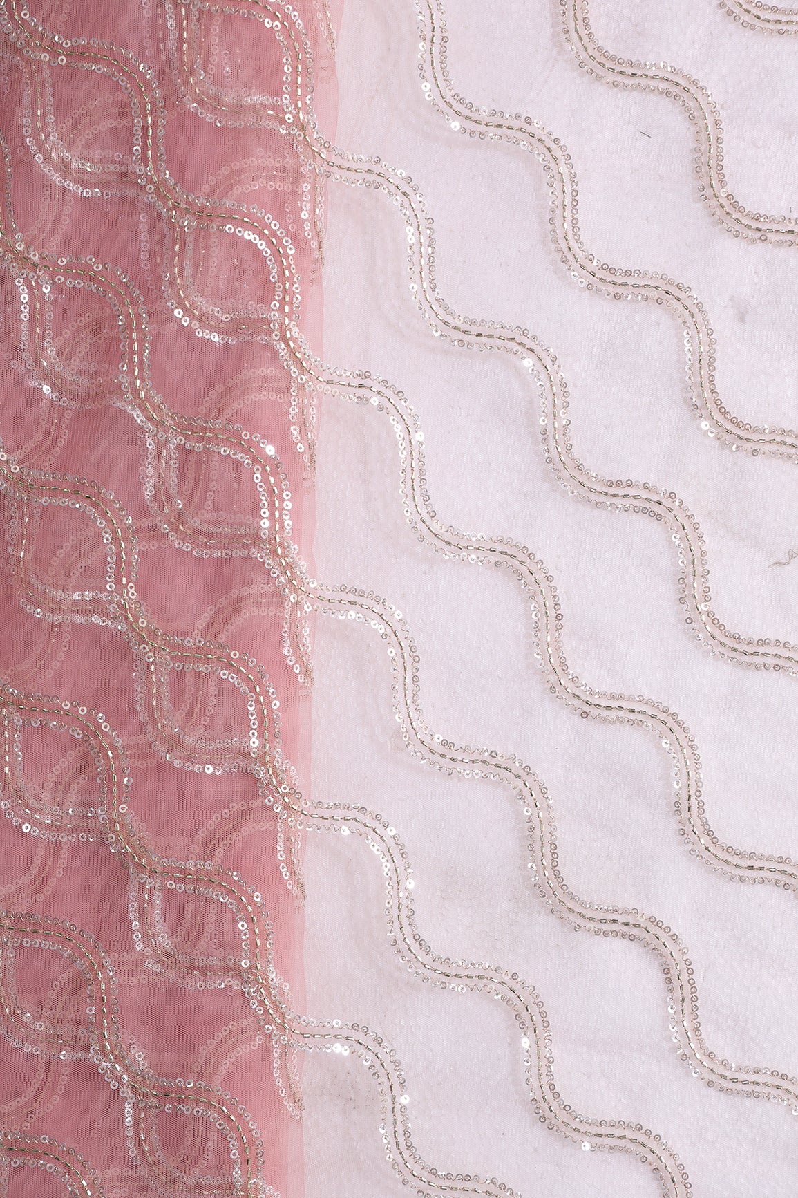 Leheriya Embroidery Work With Sequins And Beads On Baby Pink Soft Net Fabric