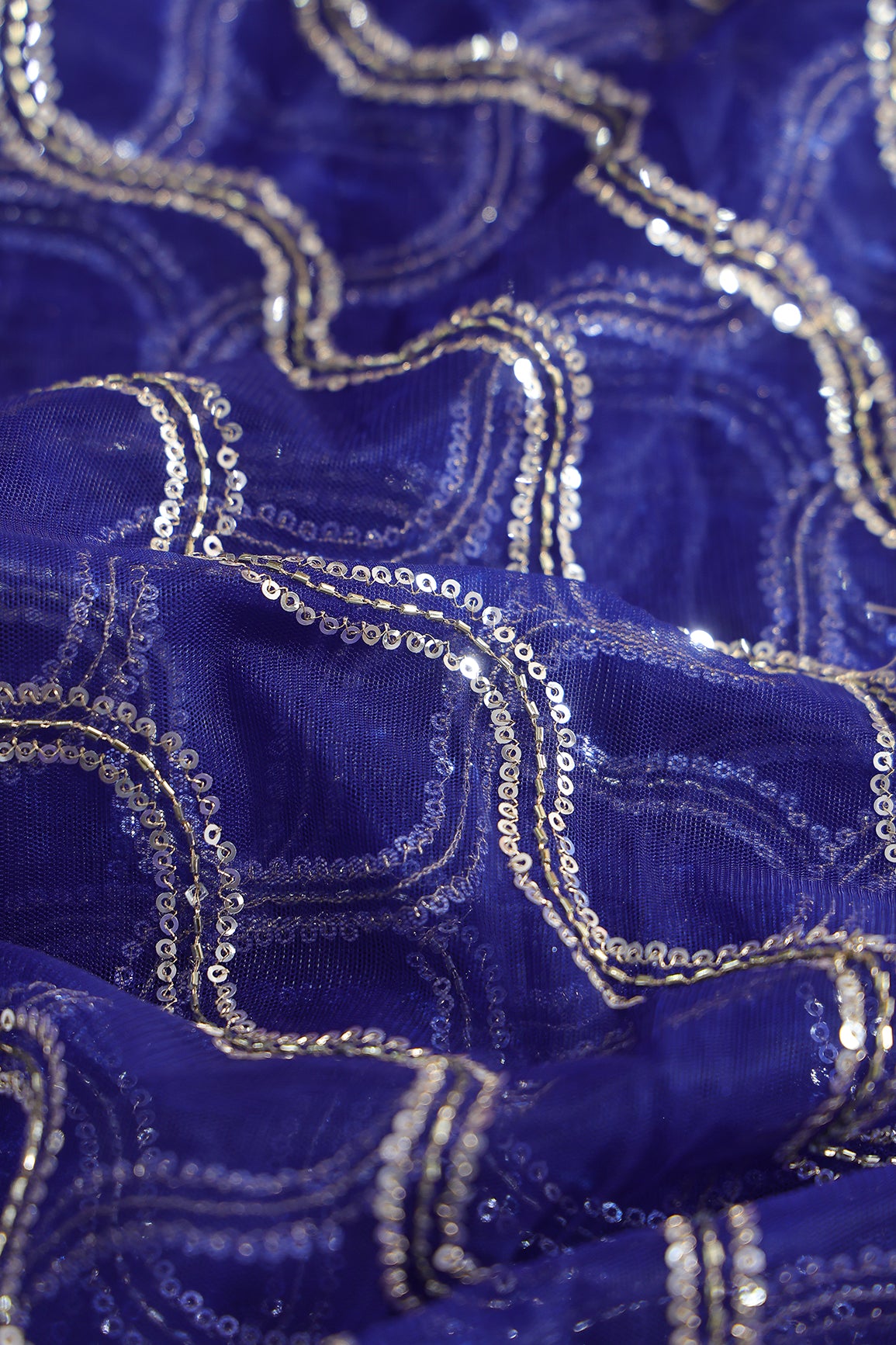 Leheriya Embroidery Work With Sequins And Beads On Royal Blue Soft Net Fabric