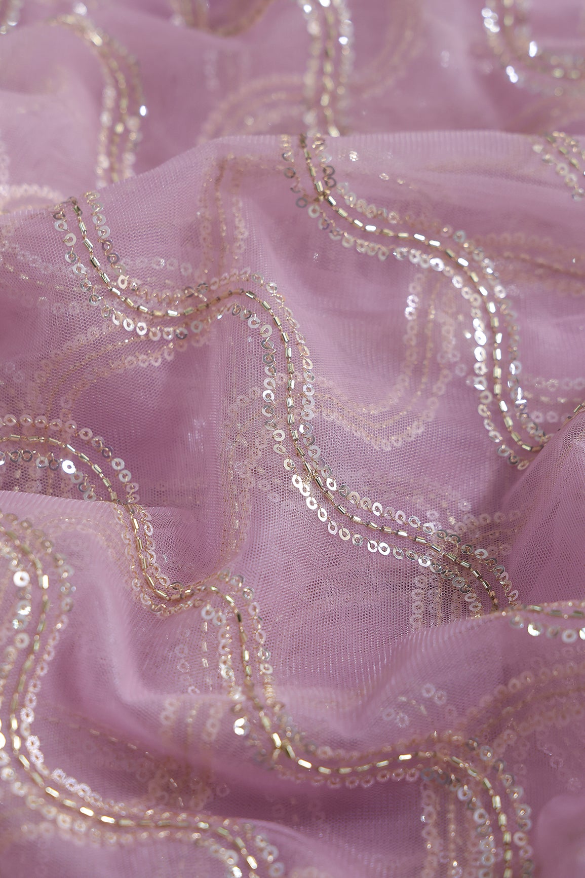 Leheriya Embroidery Work With Sequins And Beads On Lavender Soft Net Fabric