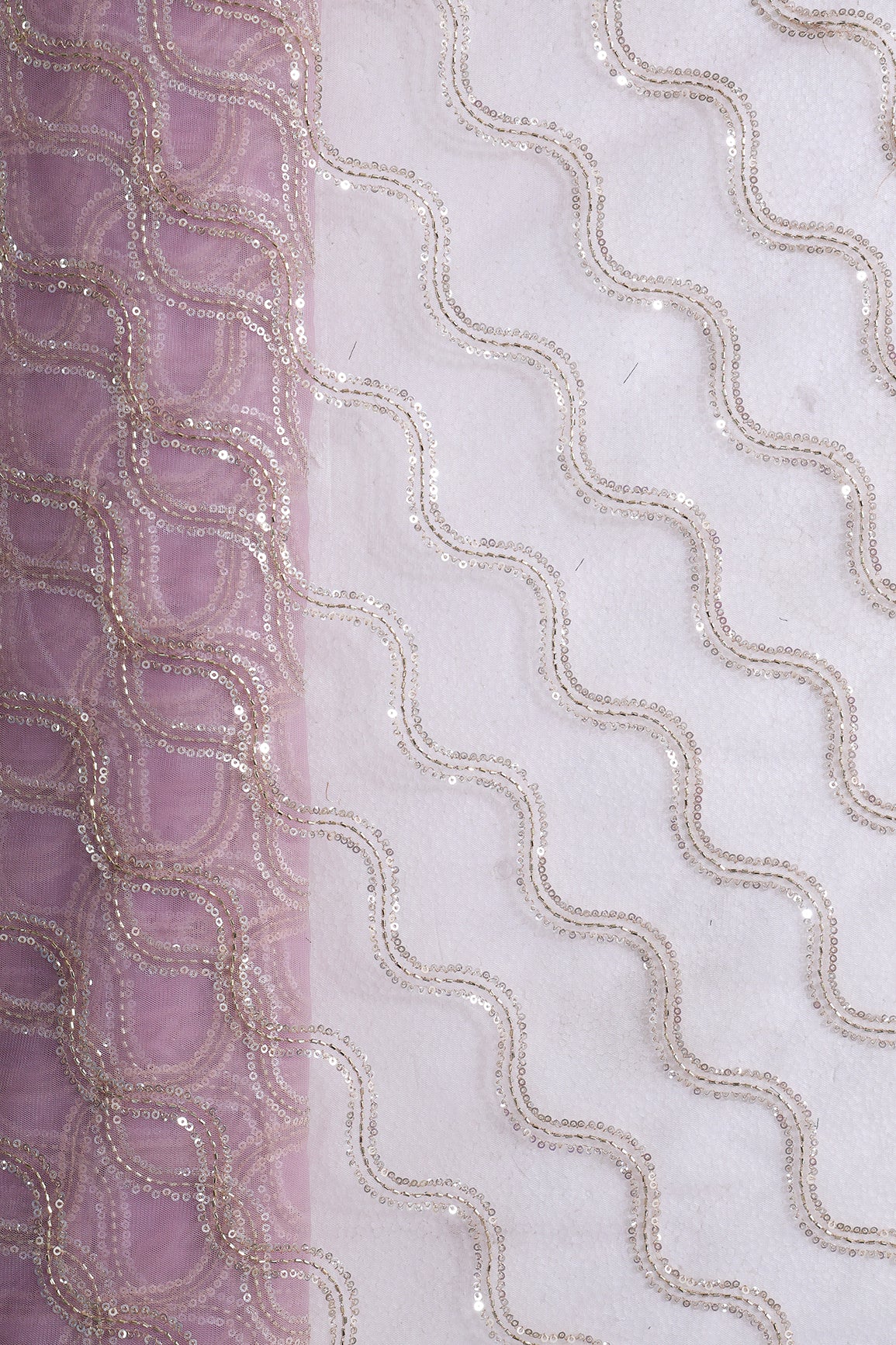 Leheriya Embroidery Work With Sequins And Beads On Lavender Soft Net Fabric