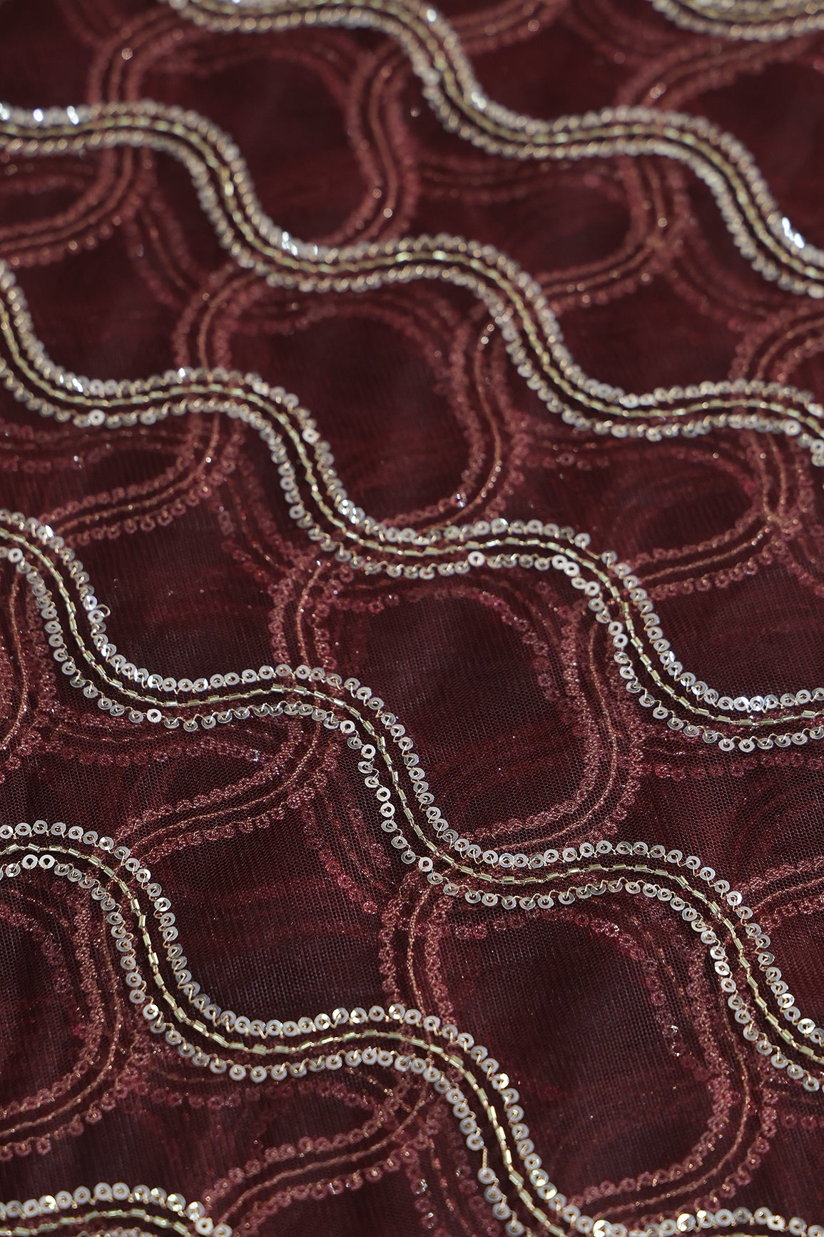 Leheriya Embroidery Work With Sequins And Beads On Maroon Soft Net Fabric