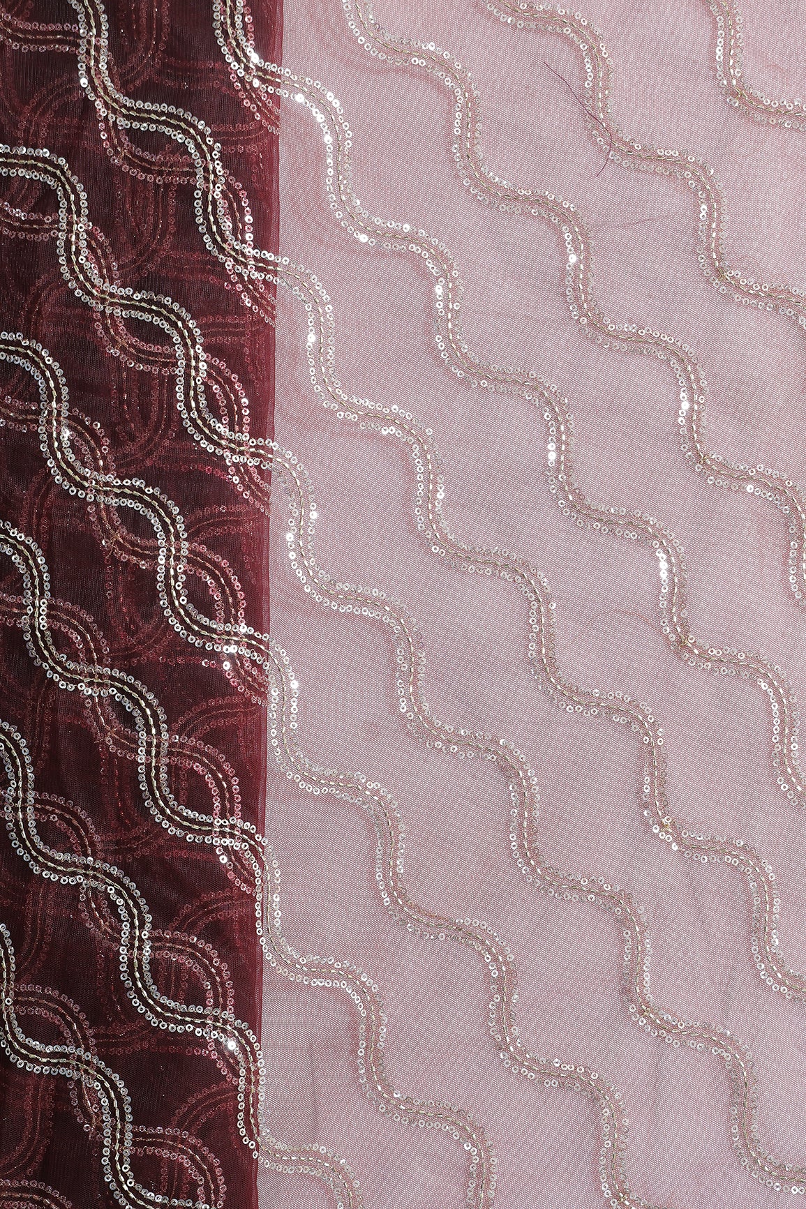 Leheriya Embroidery Work With Sequins And Beads On Maroon Soft Net Fabric