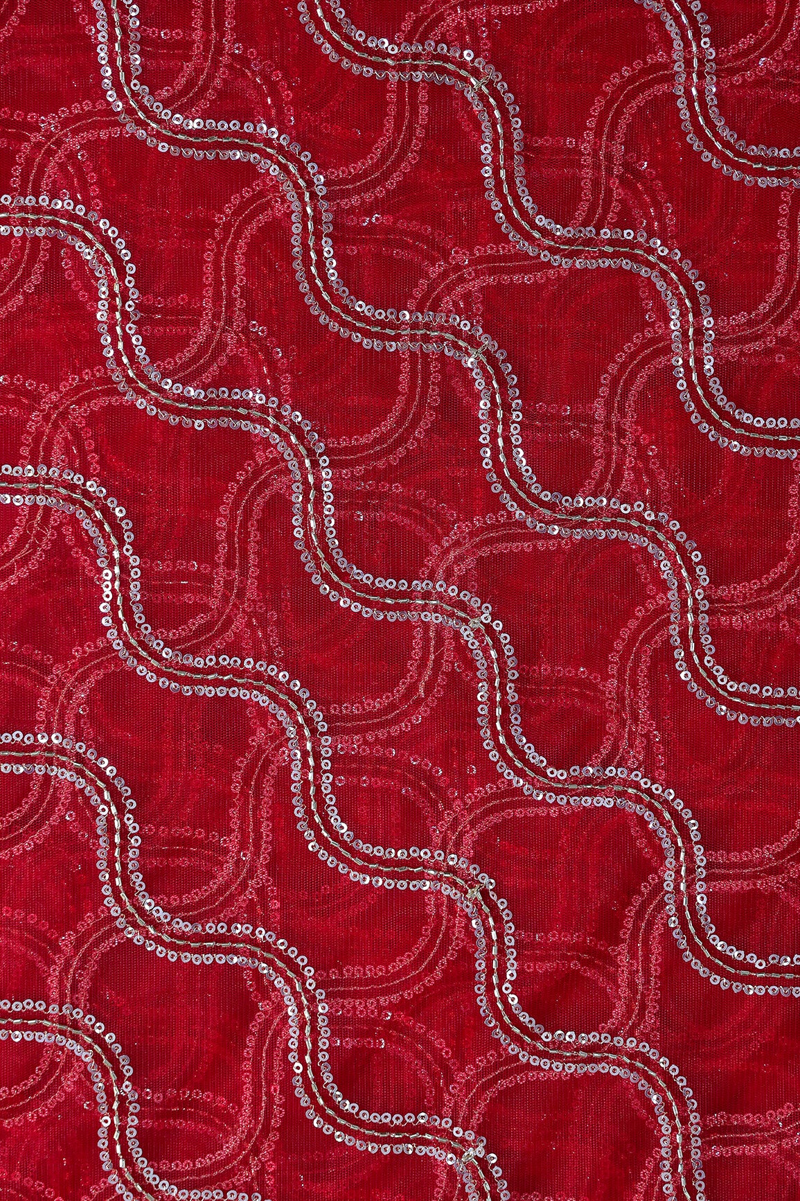 Leheriya Embroidery Work With Sequins And Beads On Blood Red Soft Net Fabric