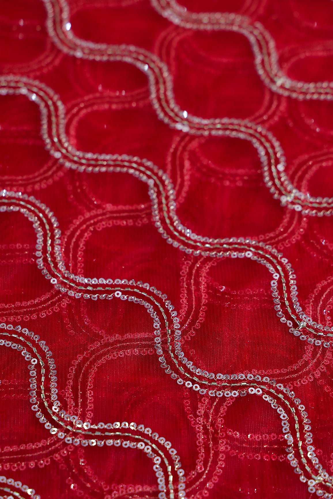 Leheriya Embroidery Work With Sequins And Beads On Blood Red Soft Net Fabric