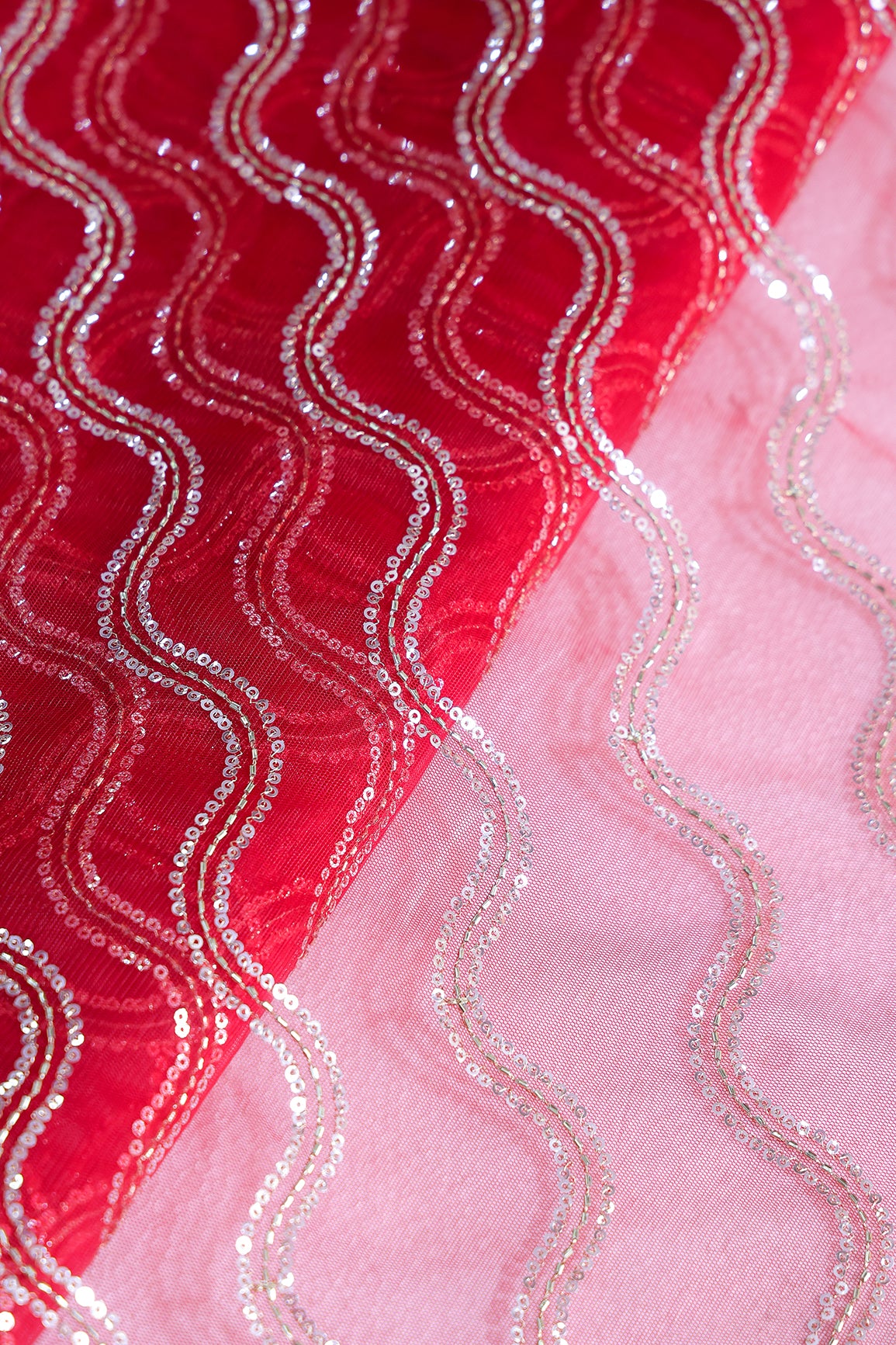 Leheriya Embroidery Work With Sequins And Beads On Blood Red Soft Net Fabric