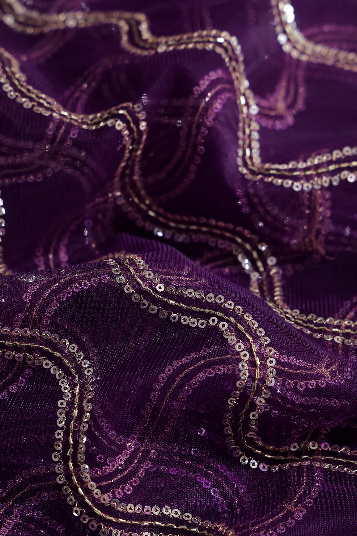 Leheriya Embroidery Work With Sequins And Beads On Purple Soft Net Fabric