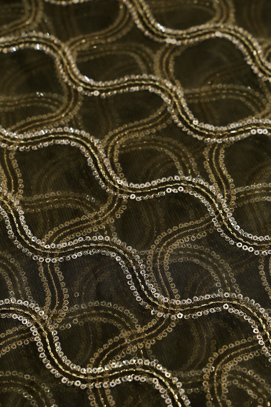 Leheriya Embroidery Work With Sequins And Beads On Mehndi Green Soft Net Fabric