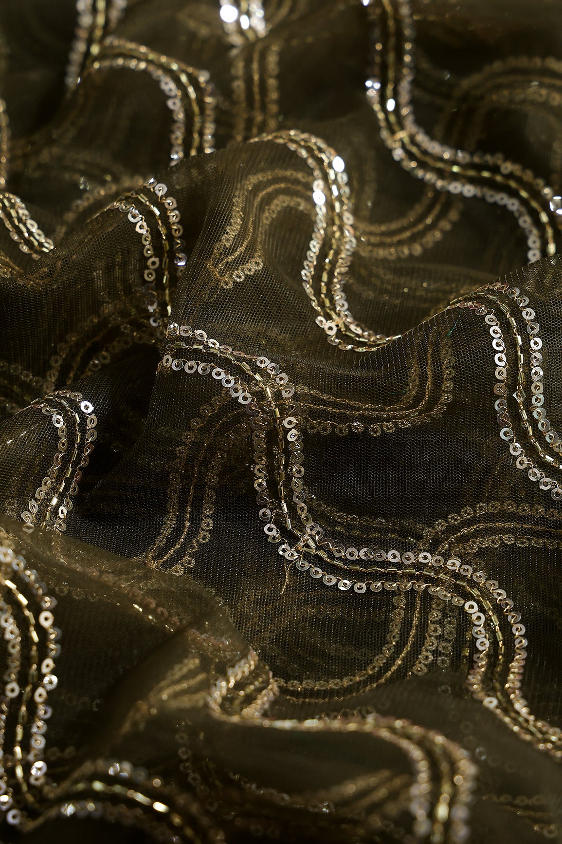 Leheriya Embroidery Work With Sequins And Beads On Mehndi Green Soft Net Fabric