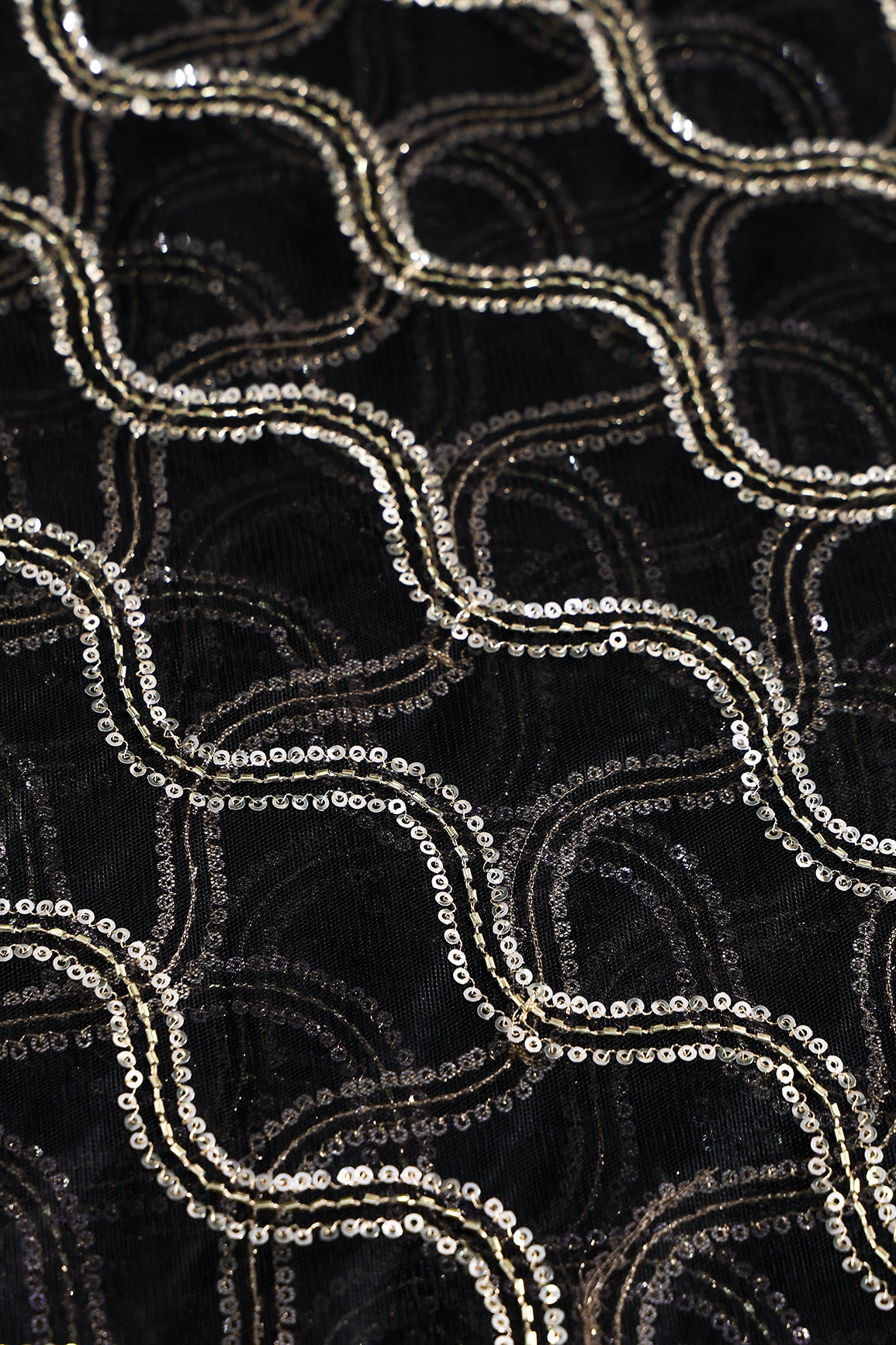 Leheriya Embroidery Work With Sequins And Beads On Black Soft Net Fabric