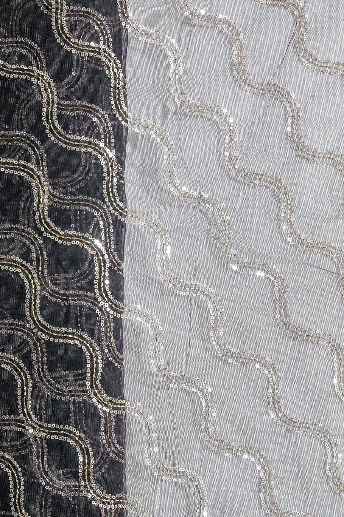 Leheriya Embroidery Work With Sequins And Beads On Black Soft Net Fabric