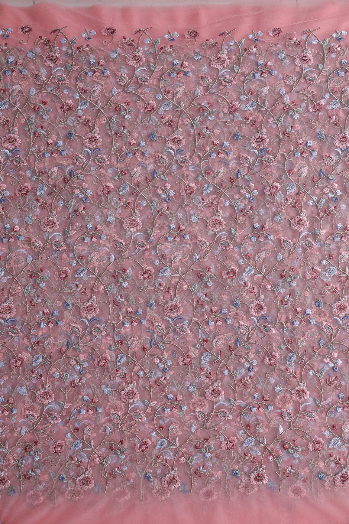 Multi Colour Floral Thread Embroidery Work On Baby Pink Soft Net Fabric