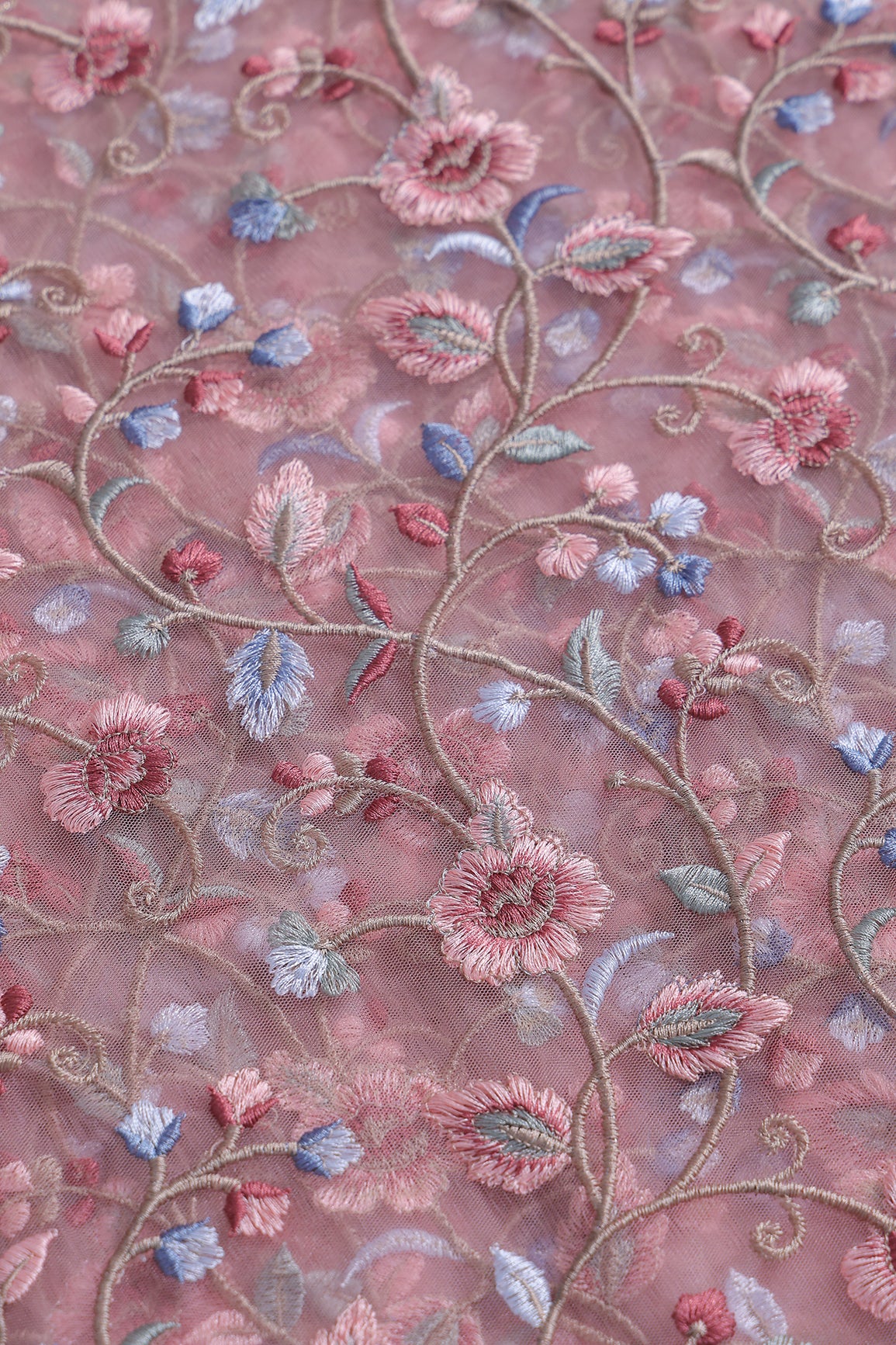 Multi Colour Floral Thread Embroidery Work On Baby Pink Soft Net Fabric