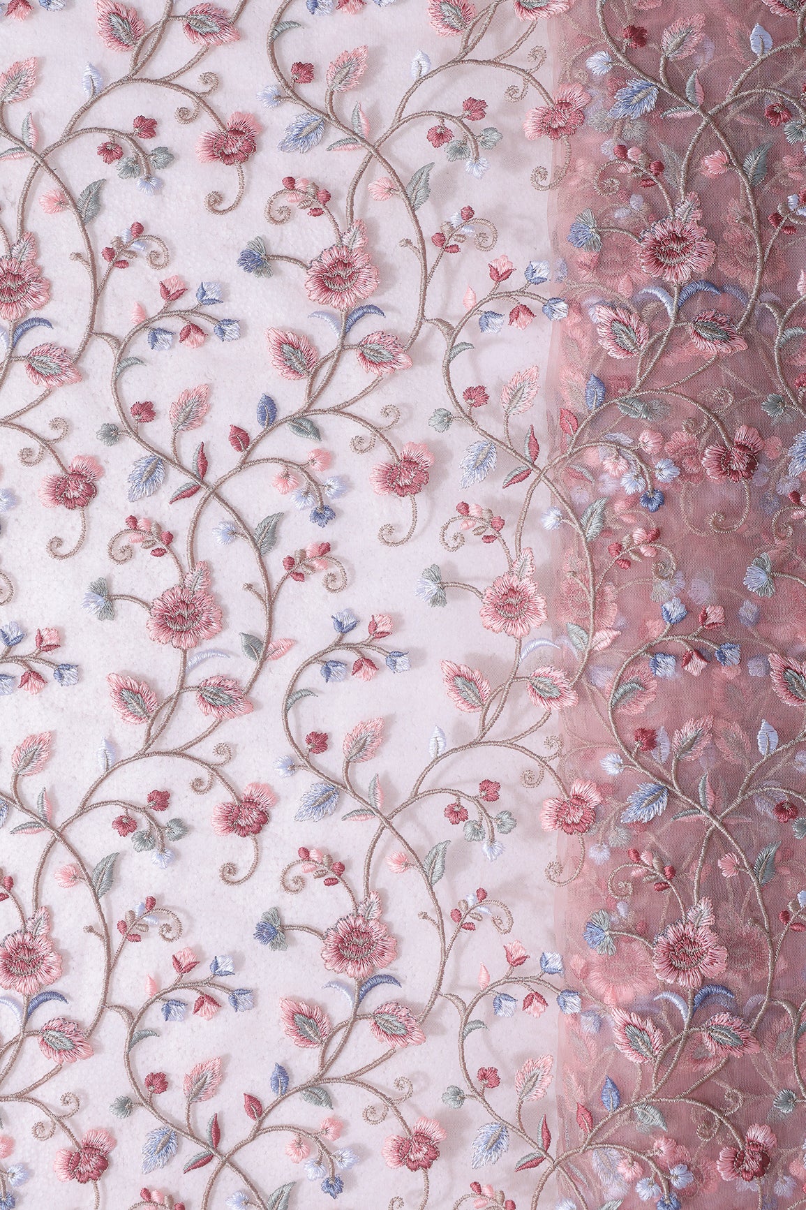 Multi Colour Floral Thread Embroidery Work On Baby Pink Soft Net Fabric