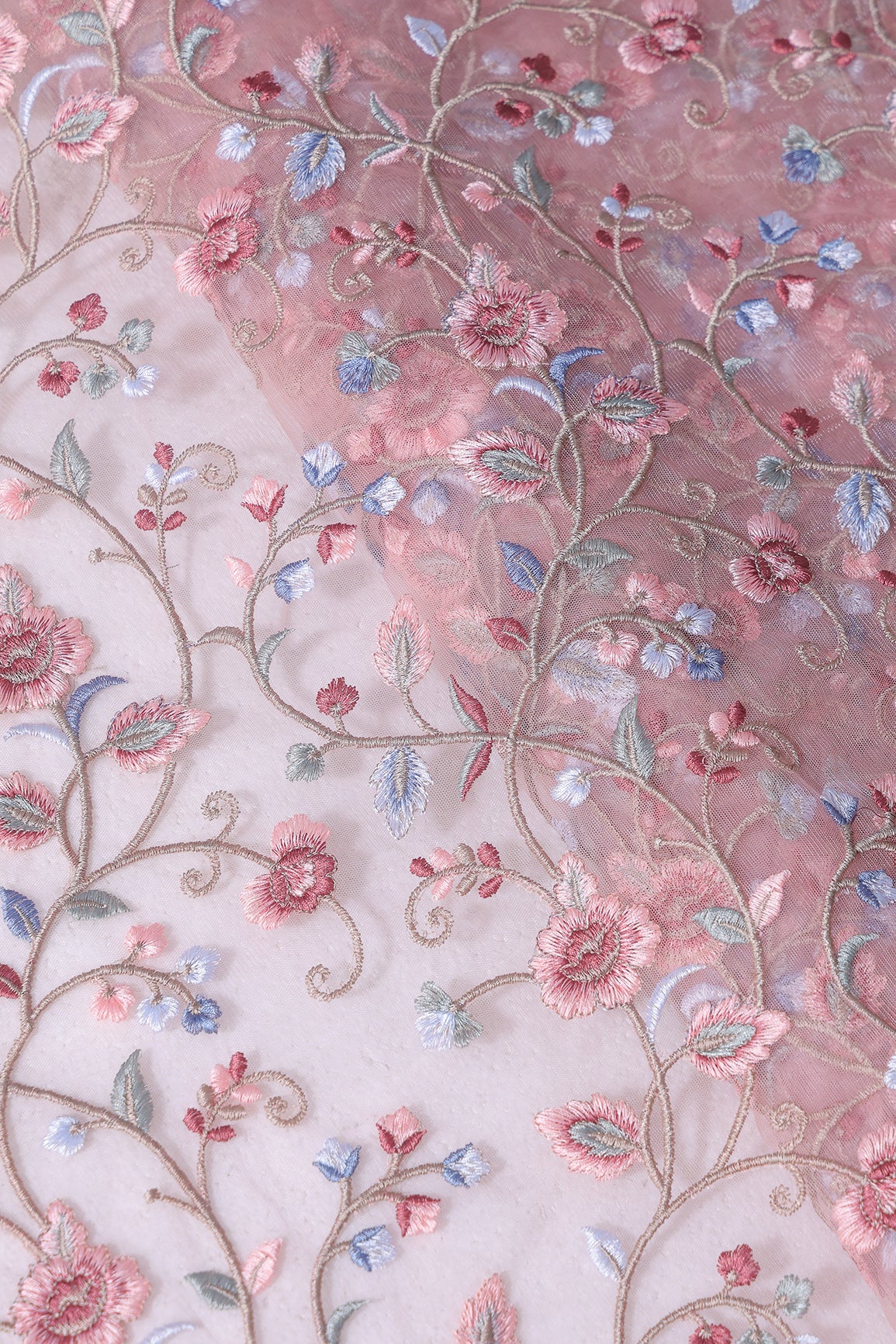 Multi Colour Floral Thread Embroidery Work On Baby Pink Soft Net Fabric
