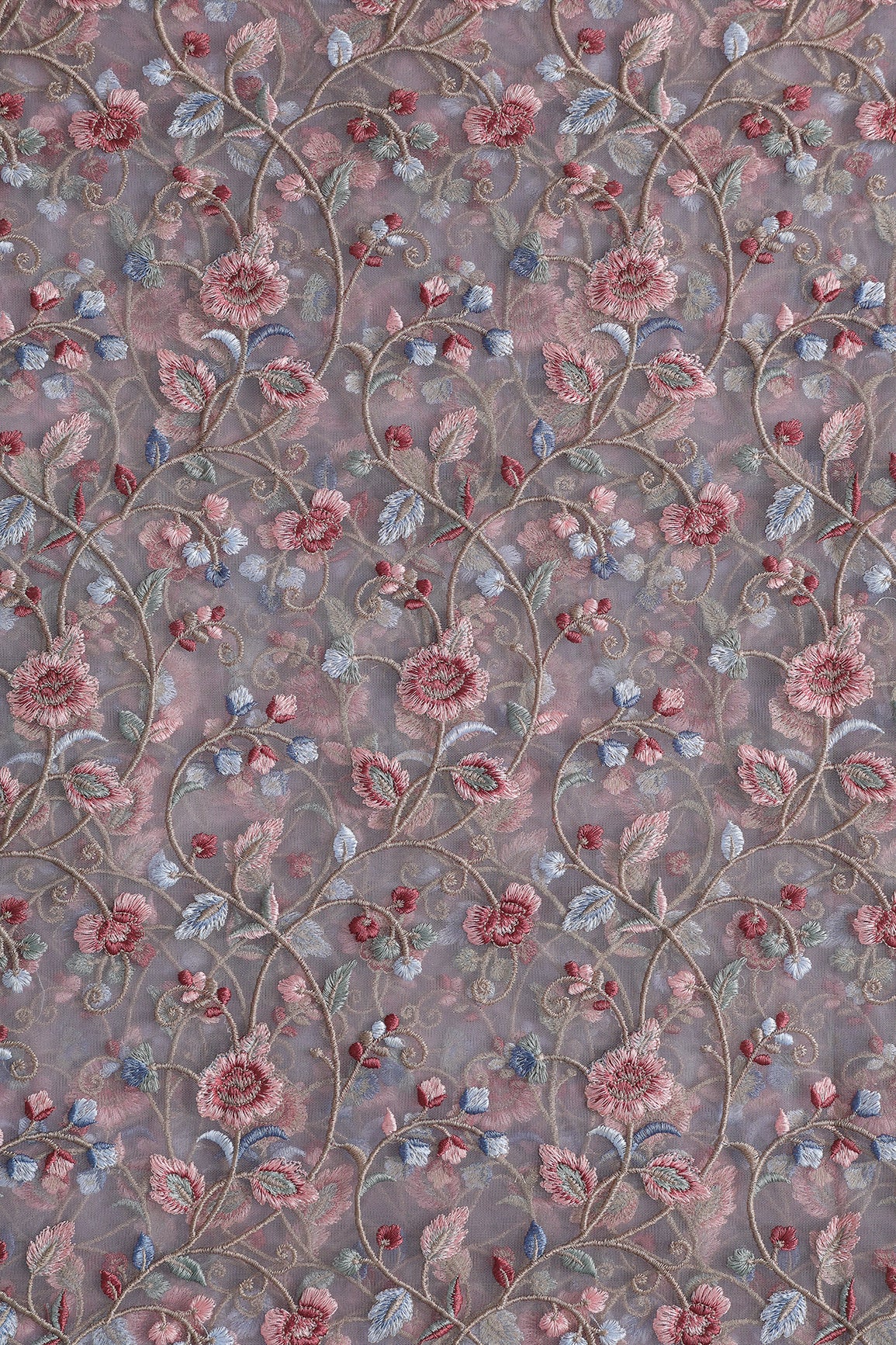Multi Colour Floral Thread Embroidery Work On Lavender Soft Net Fabric