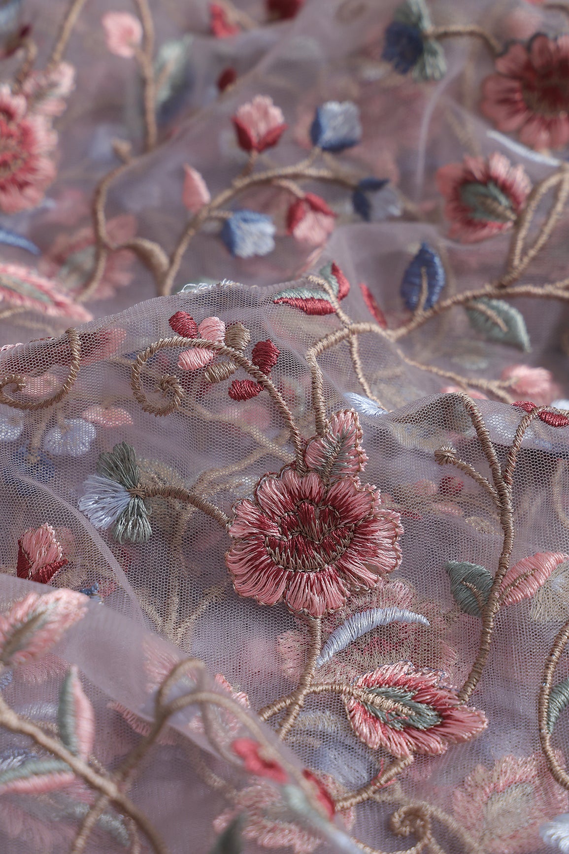 Multi Colour Floral Thread Embroidery Work On Lavender Soft Net Fabric