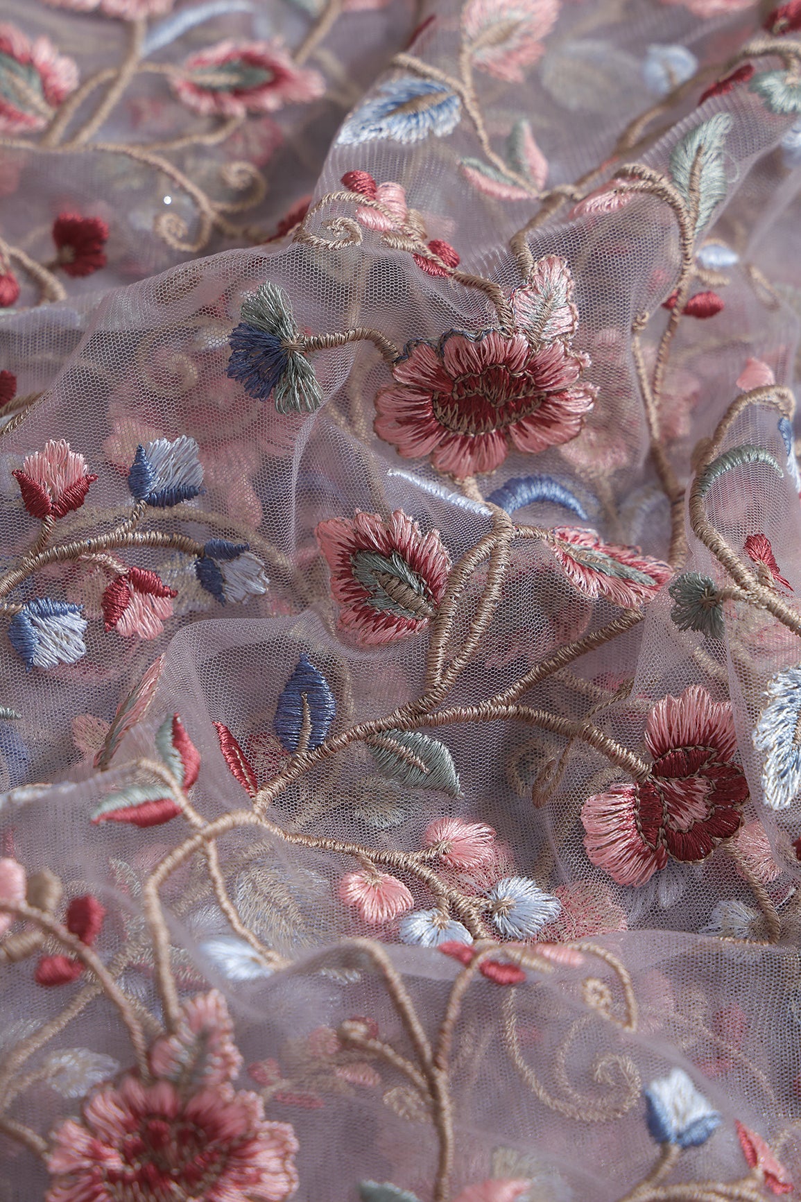 Multi Colour Floral Thread Embroidery Work On Lavender Soft Net Fabric