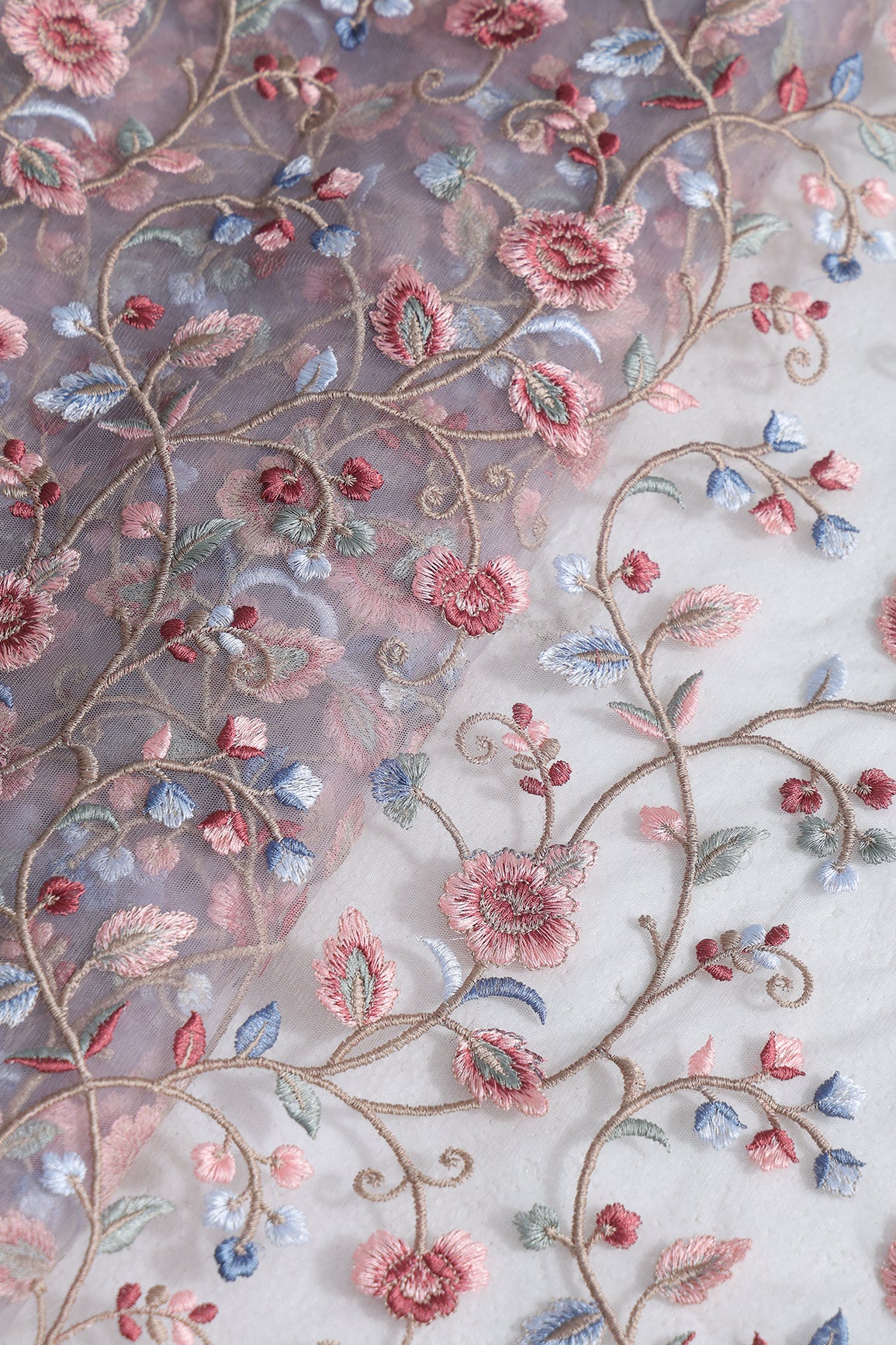 Multi Colour Floral Thread Embroidery Work On Lavender Soft Net Fabric