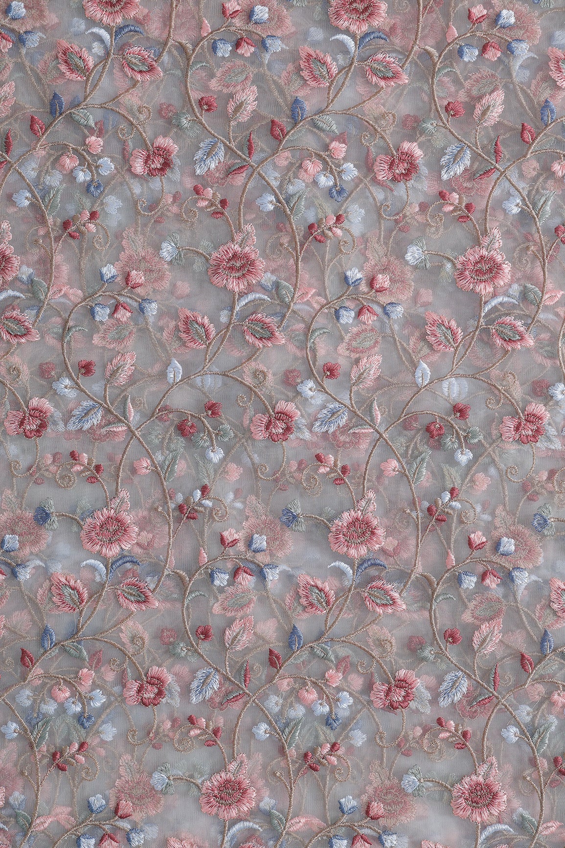 Multi Colour Floral Thread Embroidery Work On White Soft Net Fabric