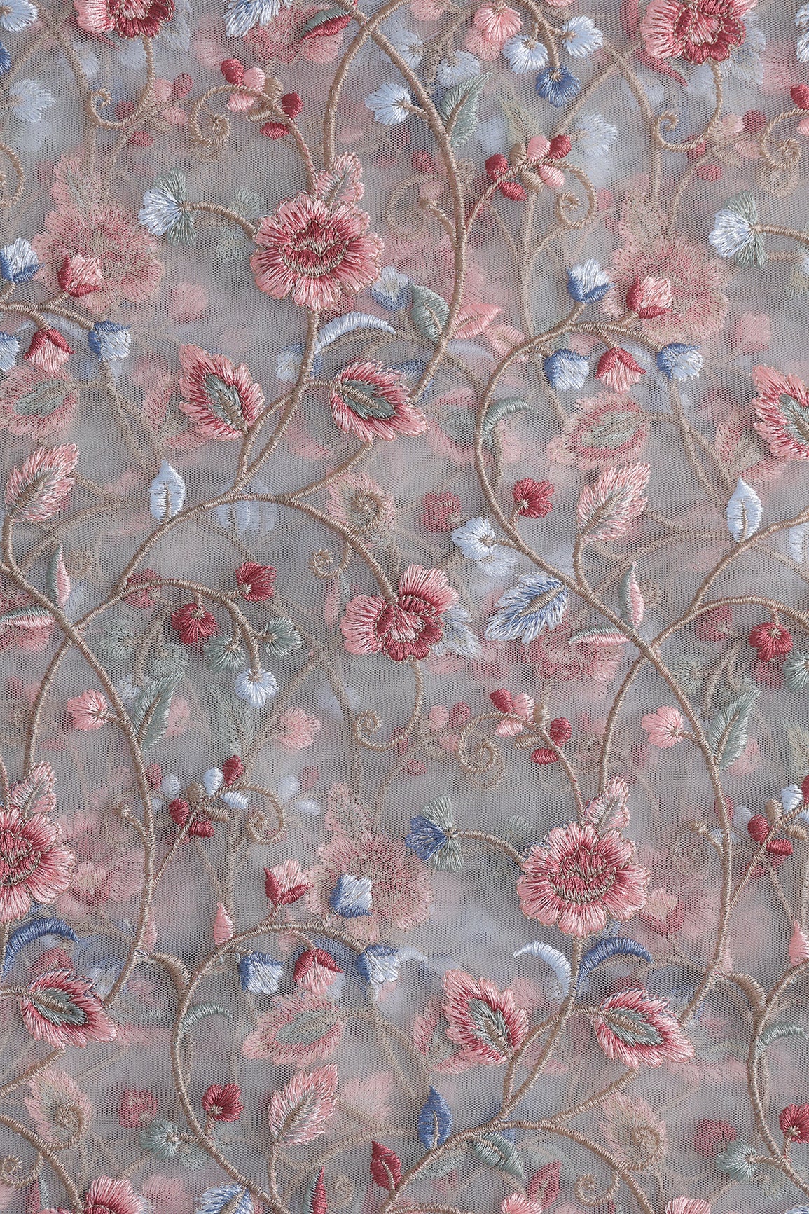 Multi Colour Floral Thread Embroidery Work On White Soft Net Fabric