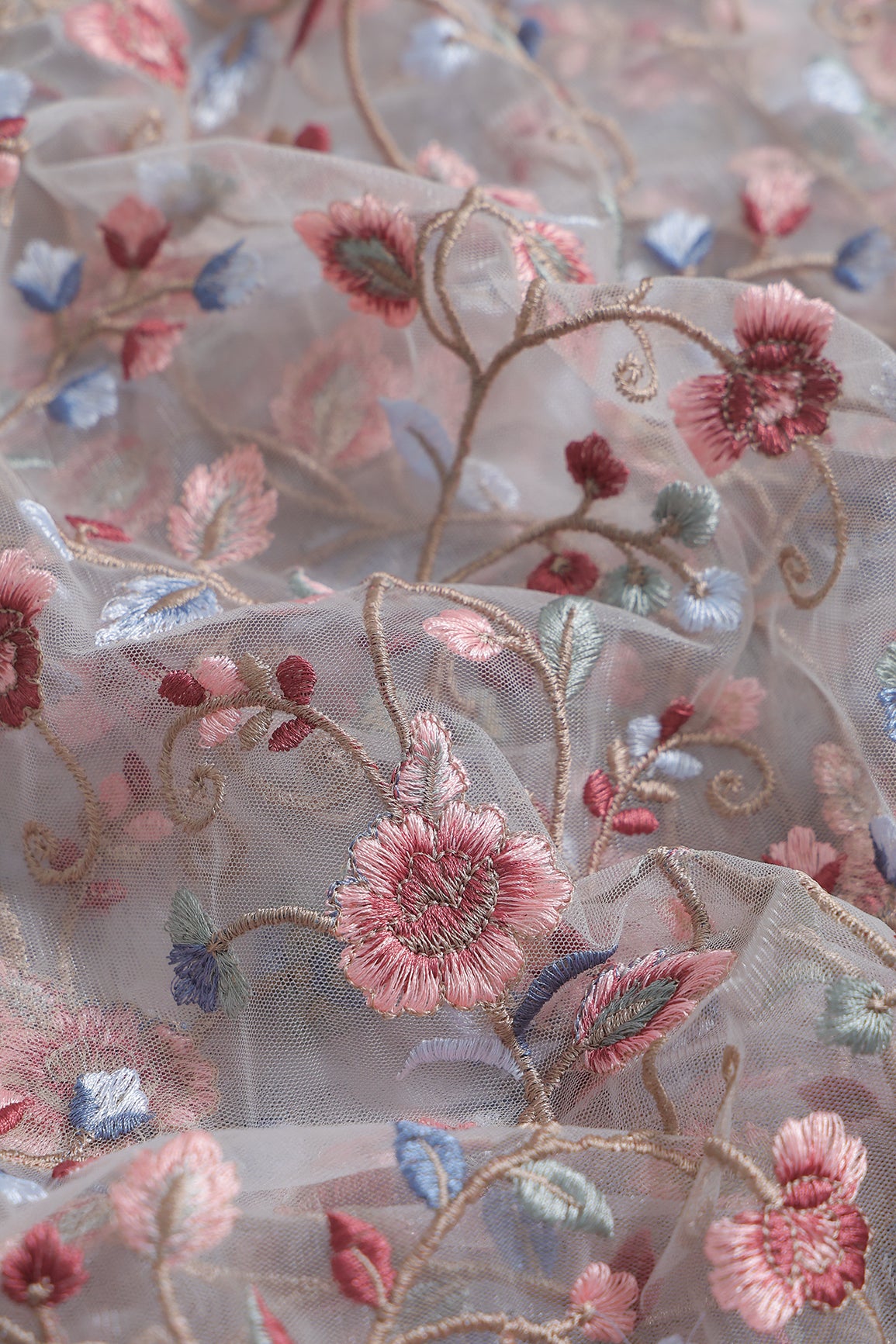 Multi Colour Floral Thread Embroidery Work On White Soft Net Fabric