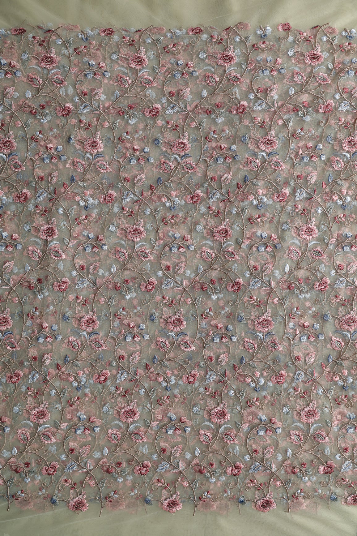 Multi Colour Floral Thread Embroidery Work On Olive Soft Net Fabric