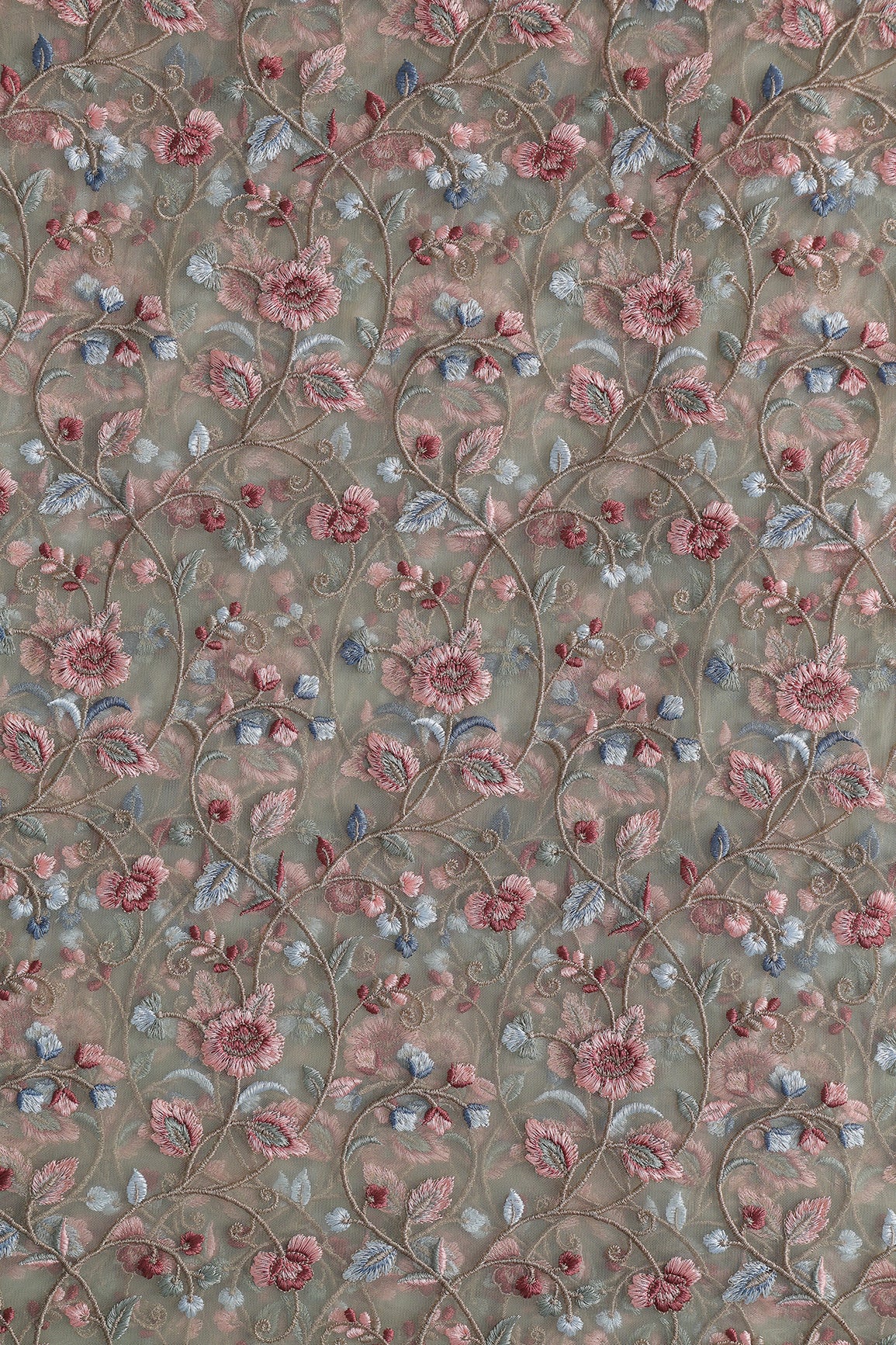Multi Colour Floral Thread Embroidery Work On Olive Soft Net Fabric