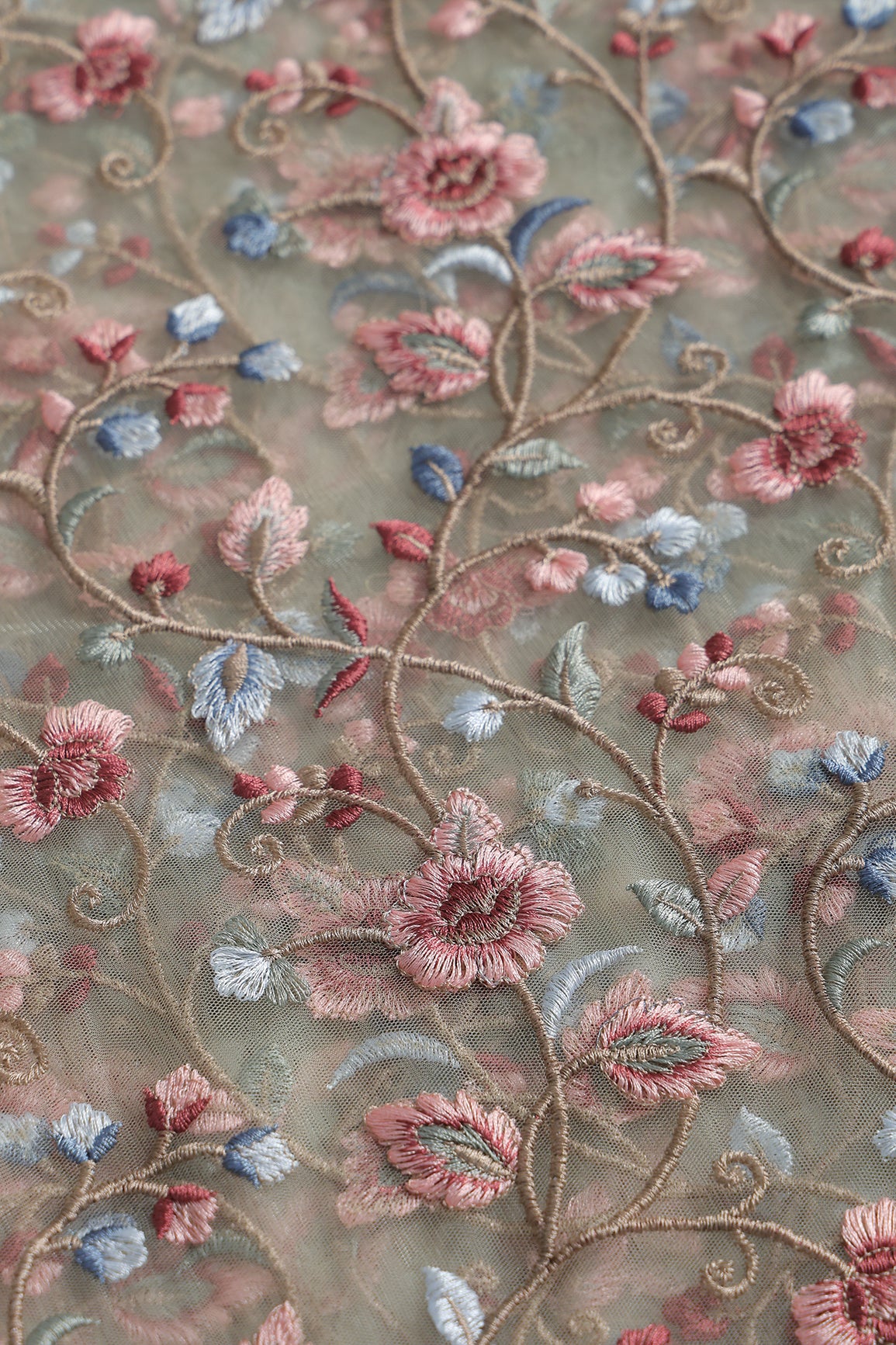 Multi Colour Floral Thread Embroidery Work On Olive Soft Net Fabric
